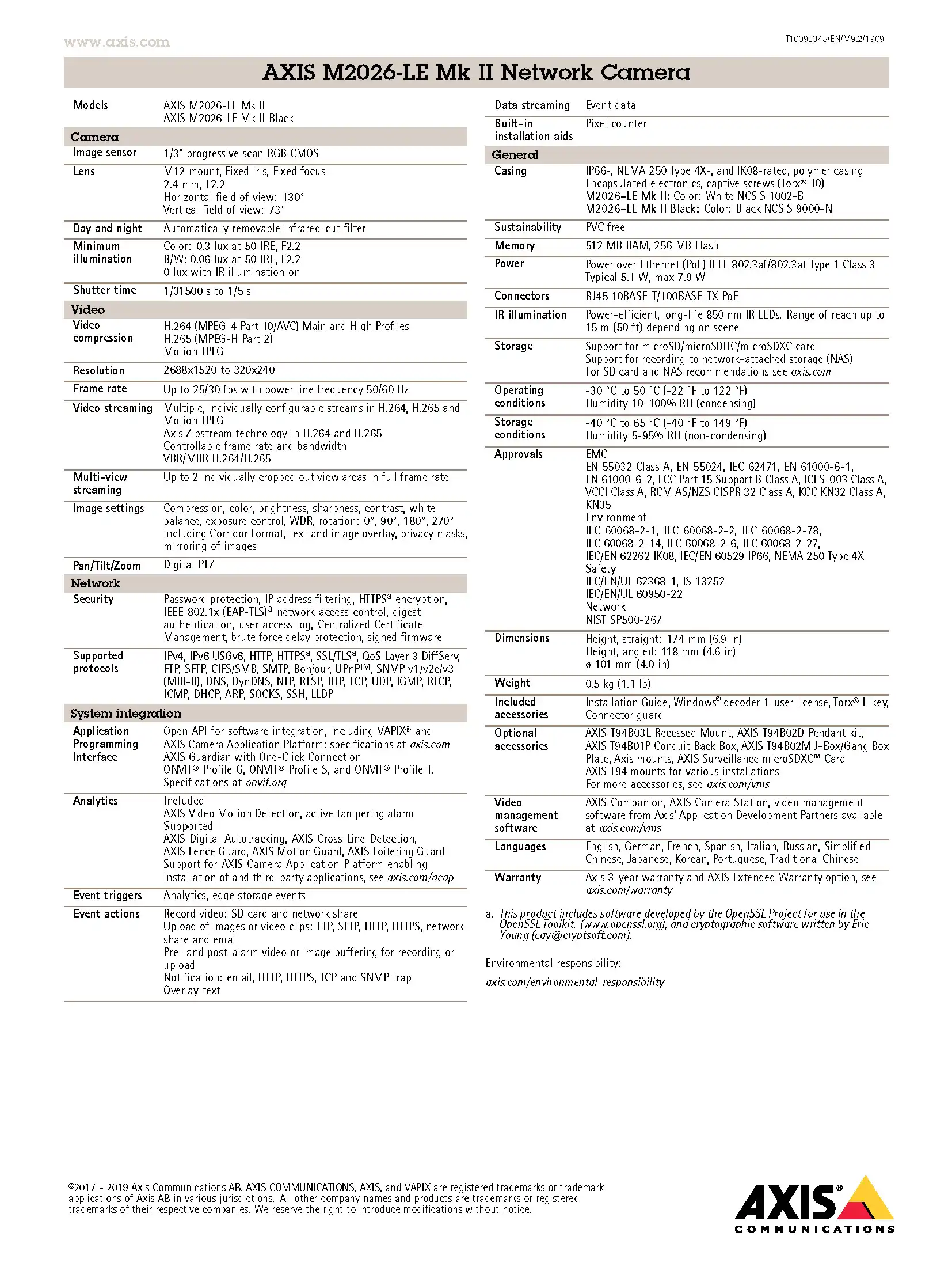Axis M2026-LE Mk II Spec