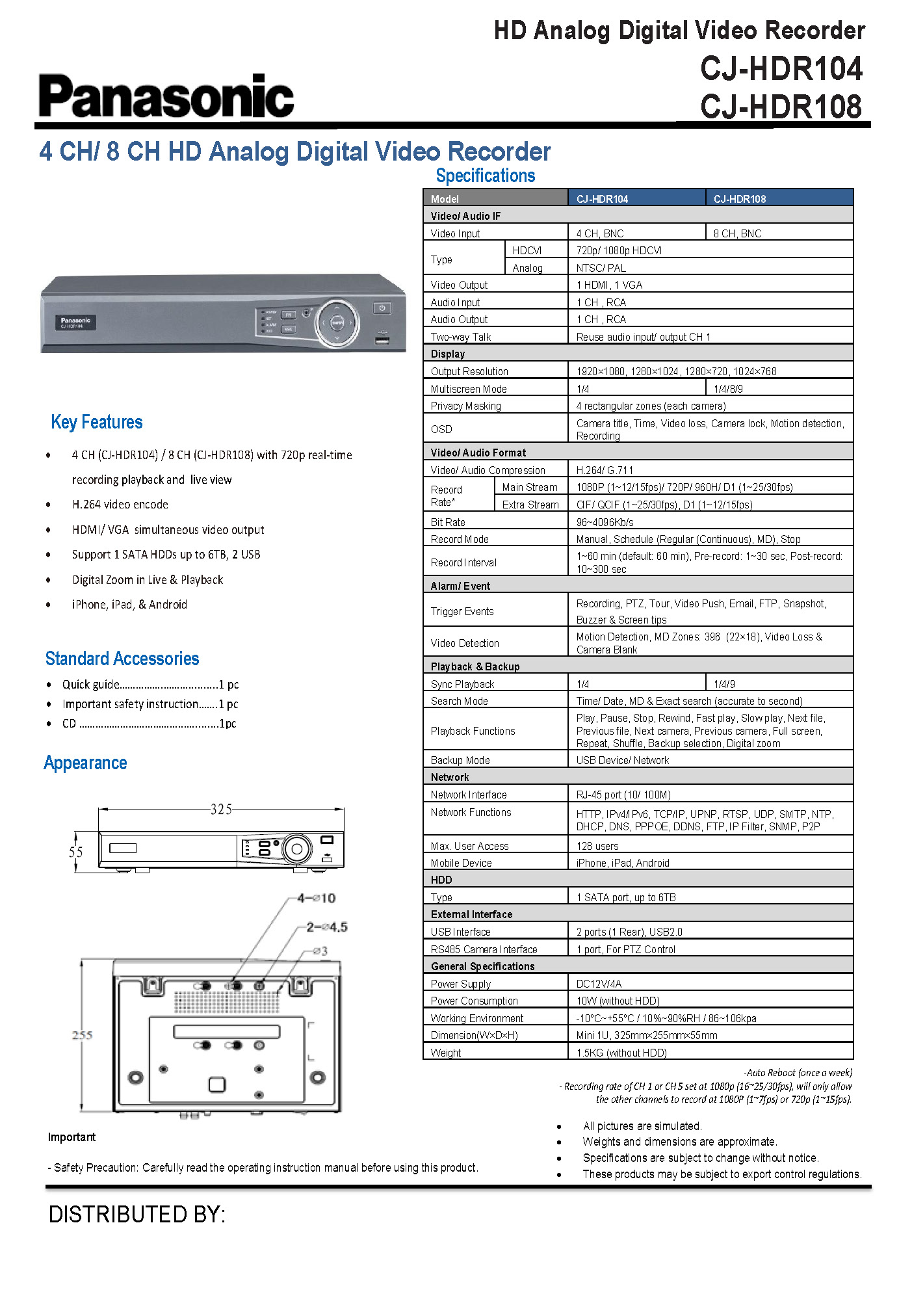 Panasonic CJ-HDR104-108 Series Spec