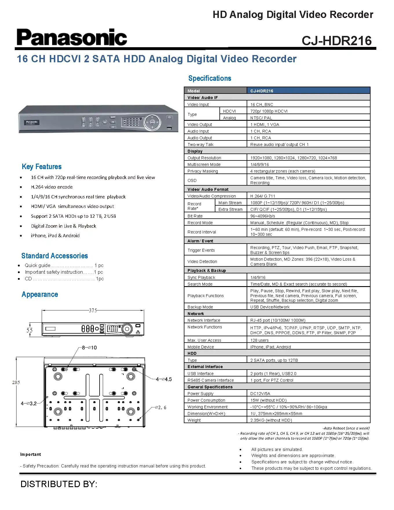 Panasonic CJ-HDR216 Series Spec