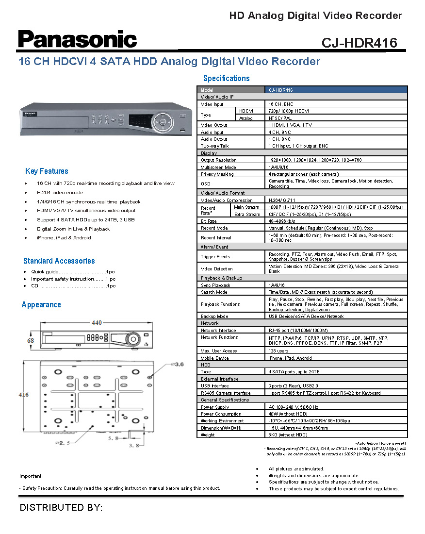 Panasonic CJ-HDR416 Series Spec