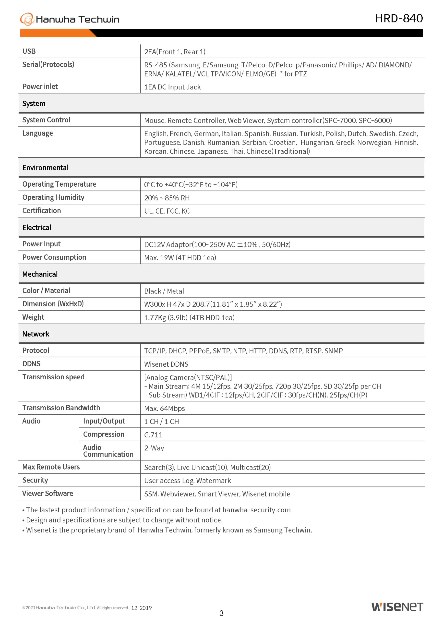 Wisenet HRD-840 Spec 02