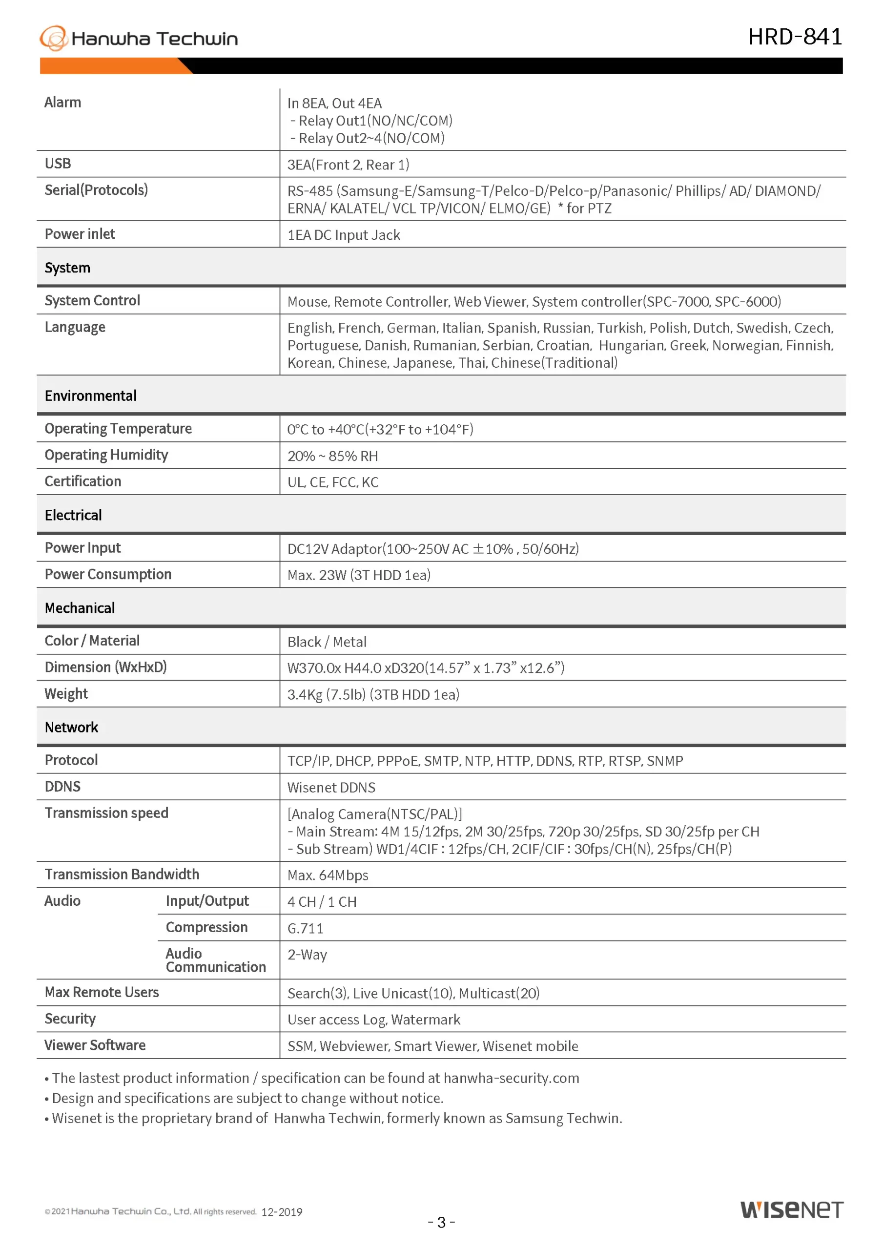 Wisenet HRD-841 Spec 02