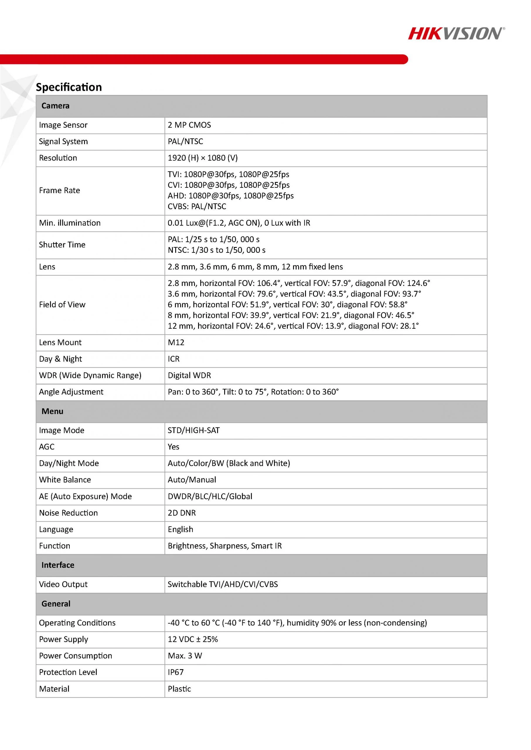 HIKVISION DS-2CE56D0T-IT3F Spec