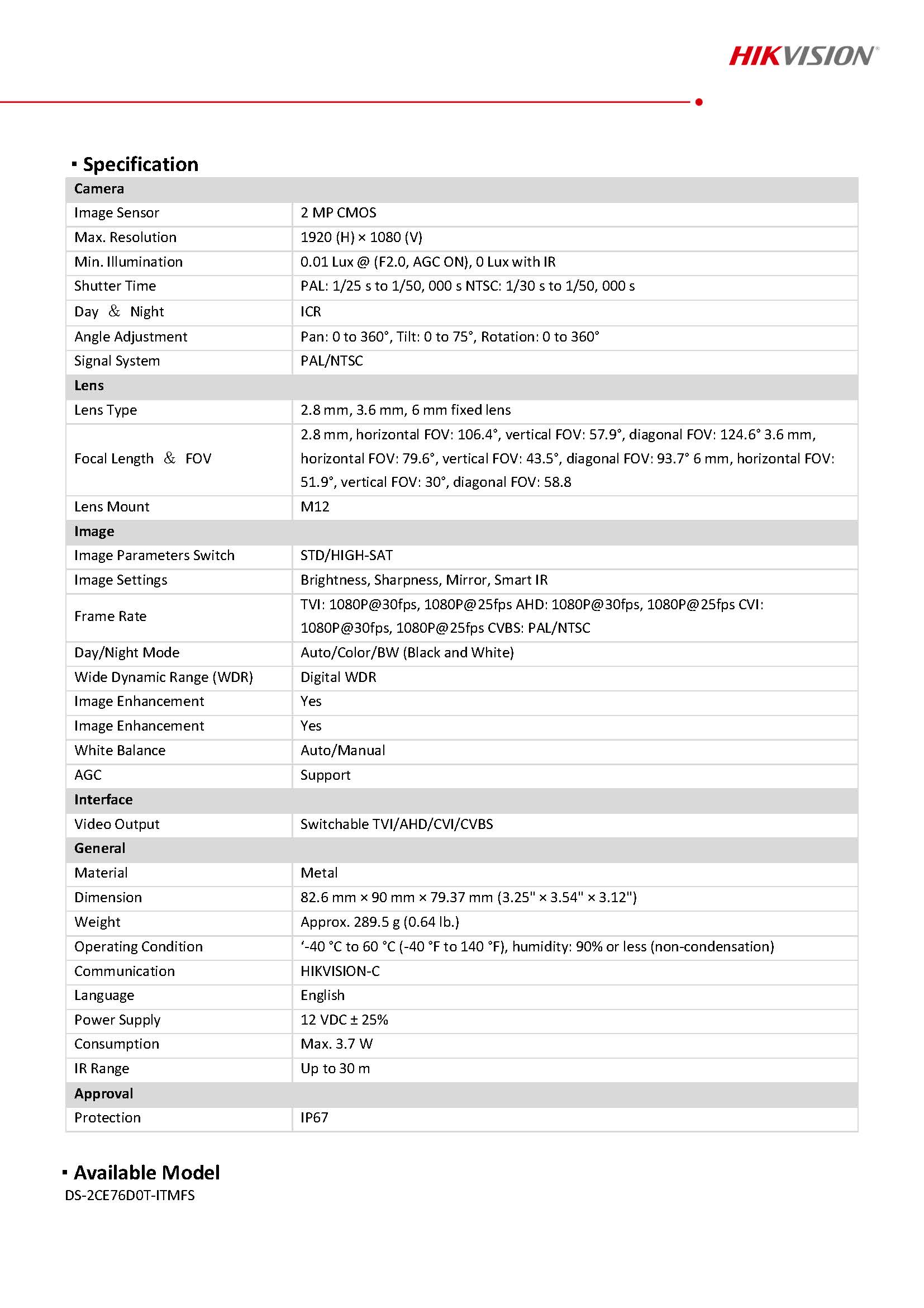 HikVision DS-2CE76D0T-ITMFS Spcc