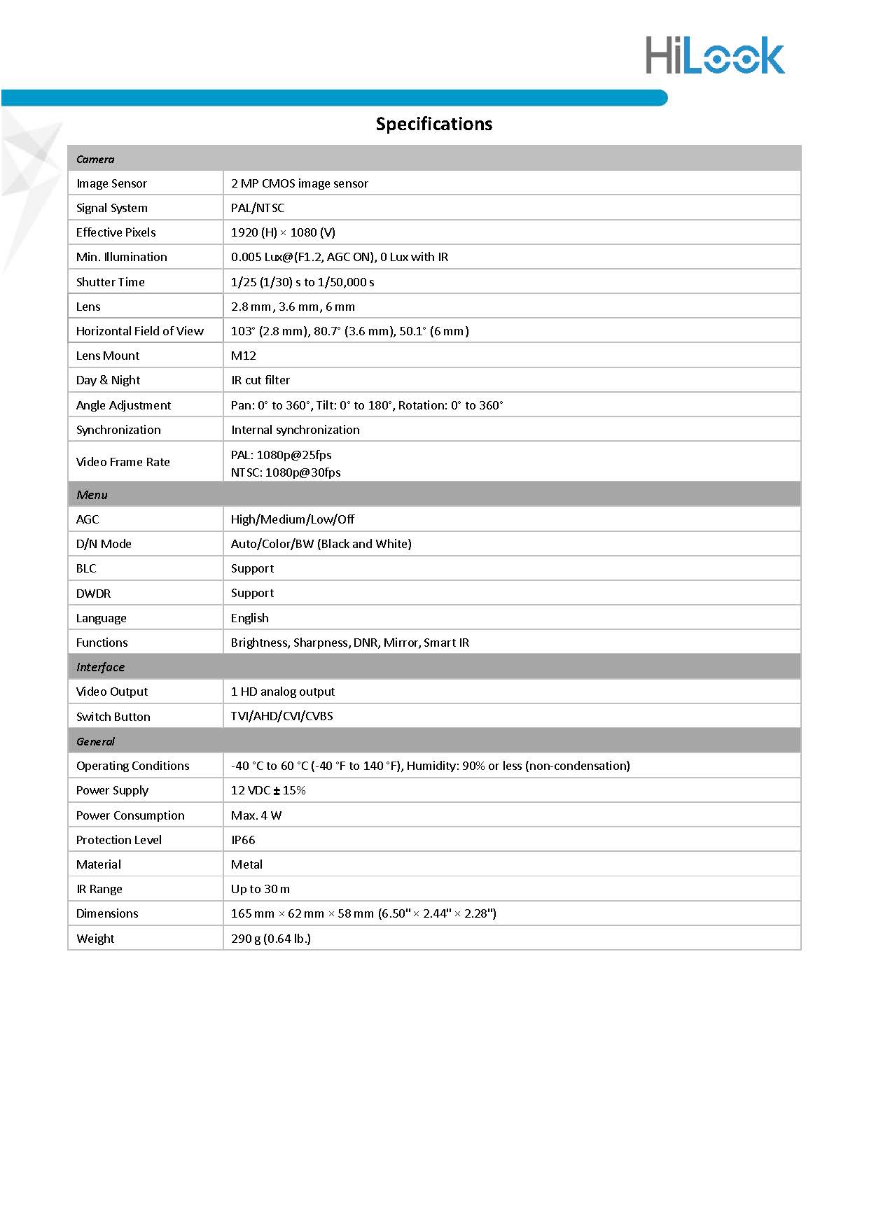 HiLook THC-B121-M Spec