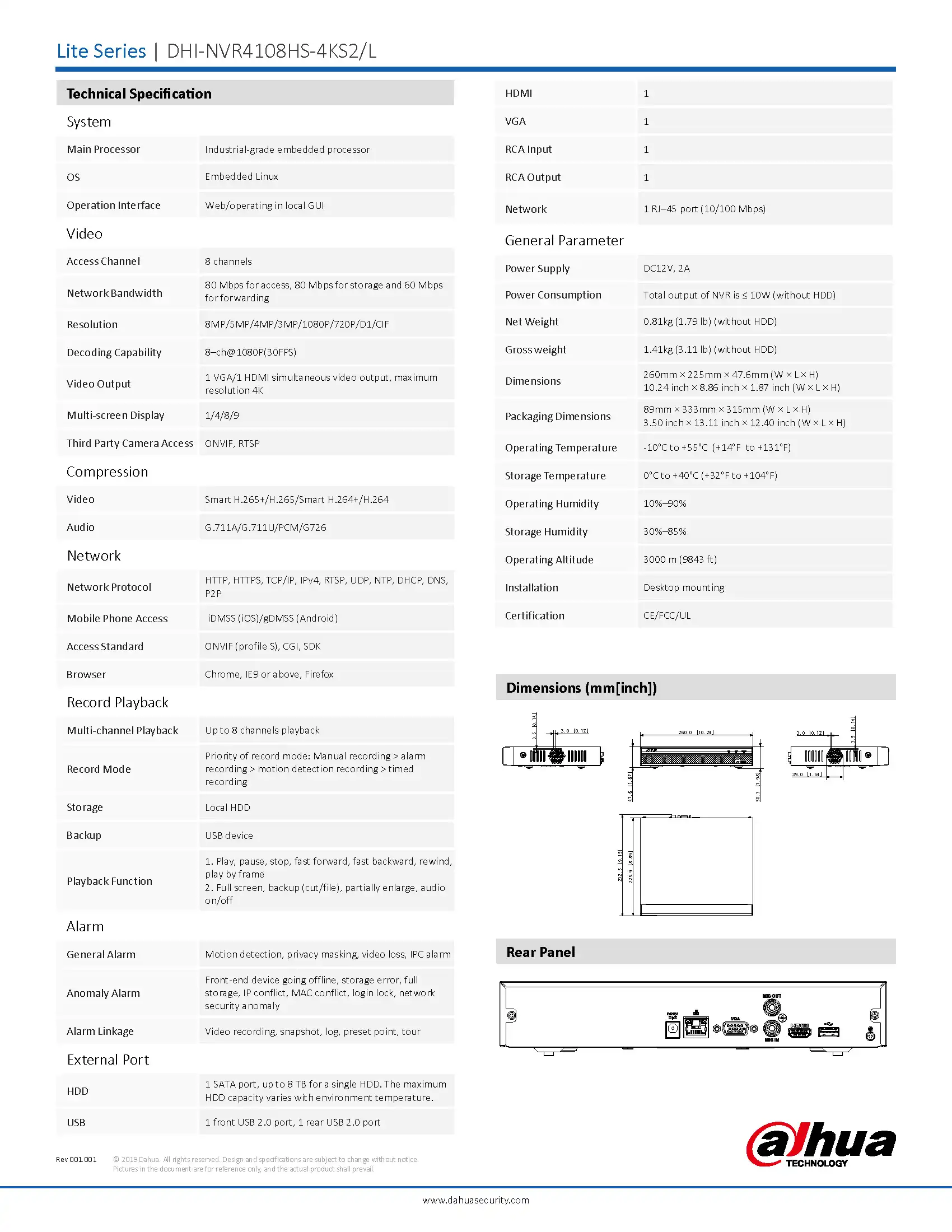 Dahua NVR4108HS-4KS2-L Spec