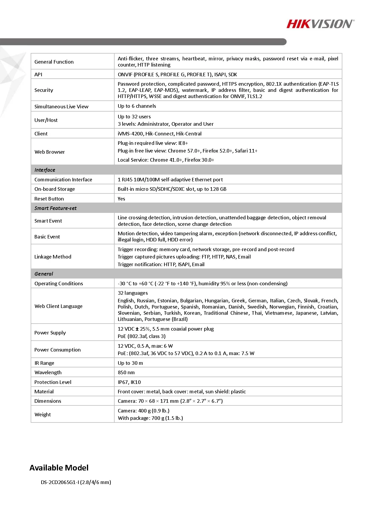 HikVision DS-2CD2065G1-I Spec 02