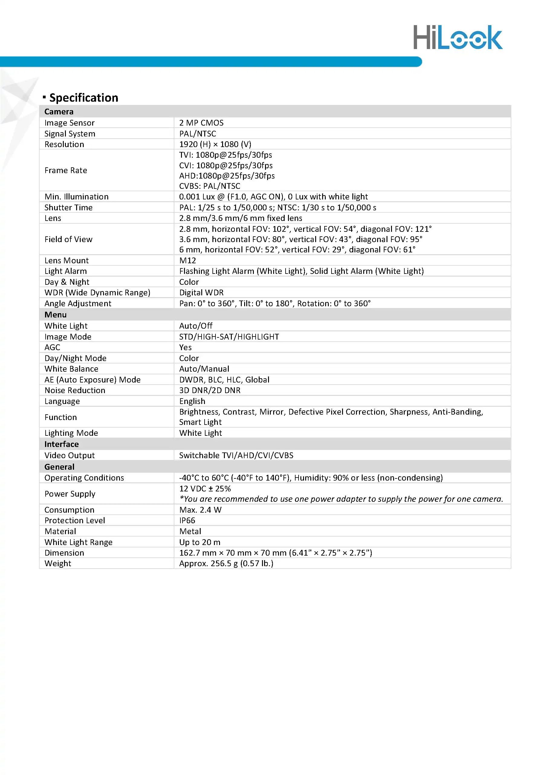 HiLook THC-B129-M Spec