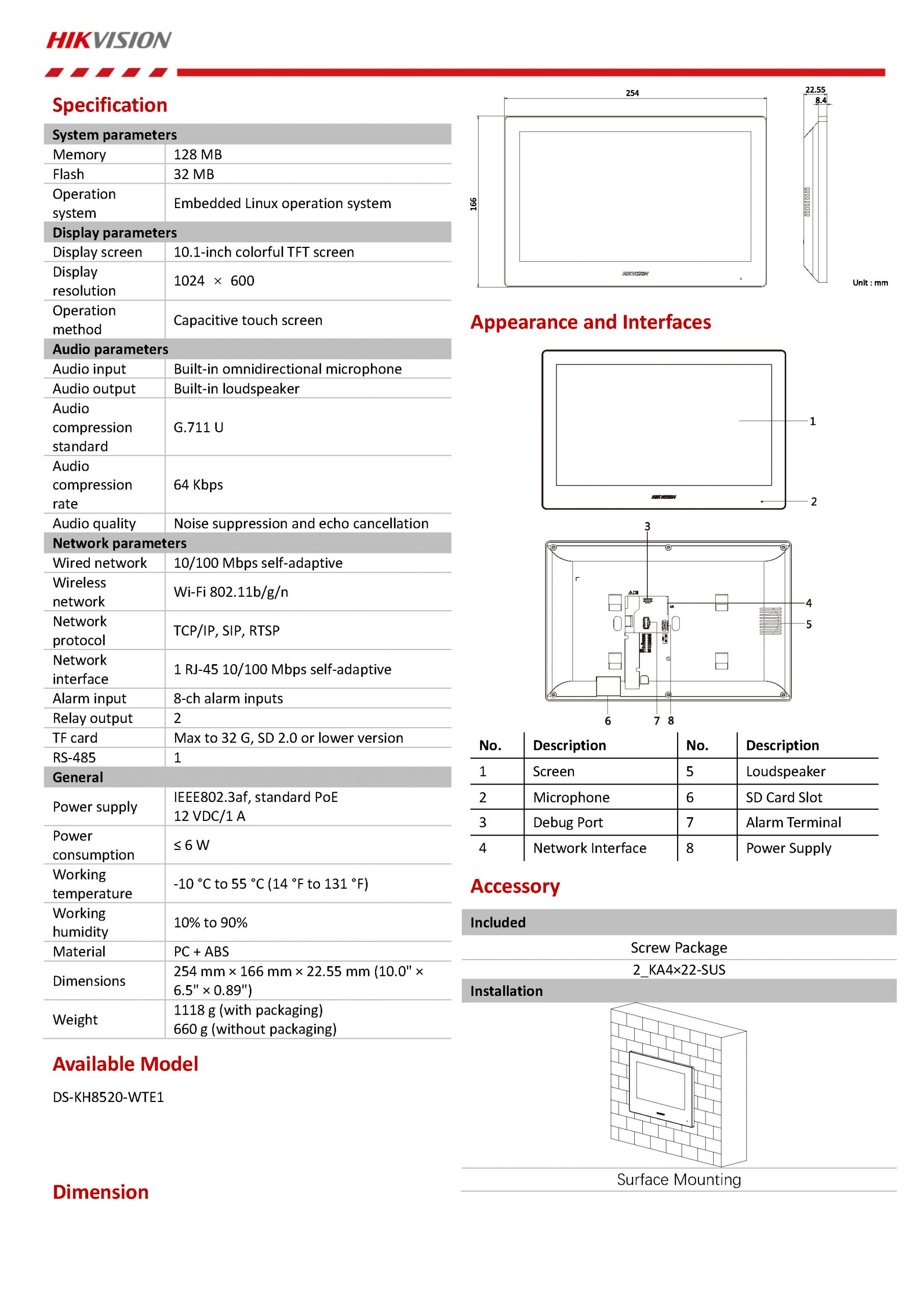 HikVision DS-KH8520-WTE1 Spec