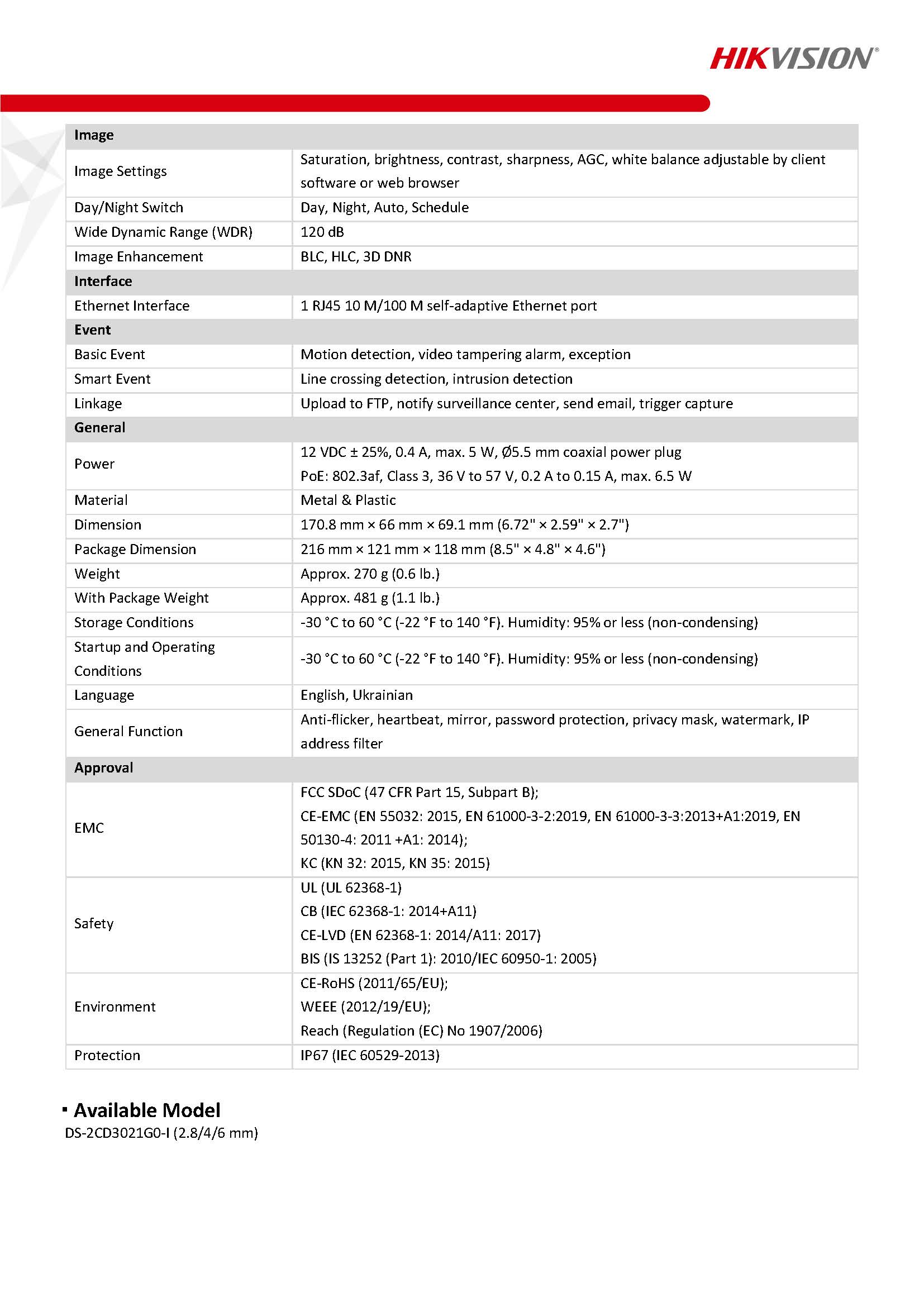 HikVision DS-2CD3021G0-I Spec 02