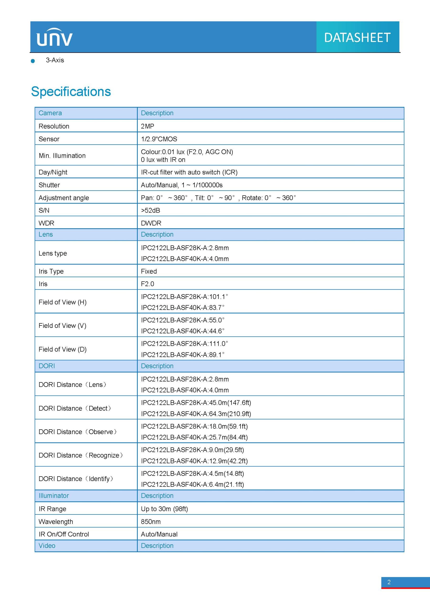 Uniview IPC2122LB-ASF40K-A Spec 01