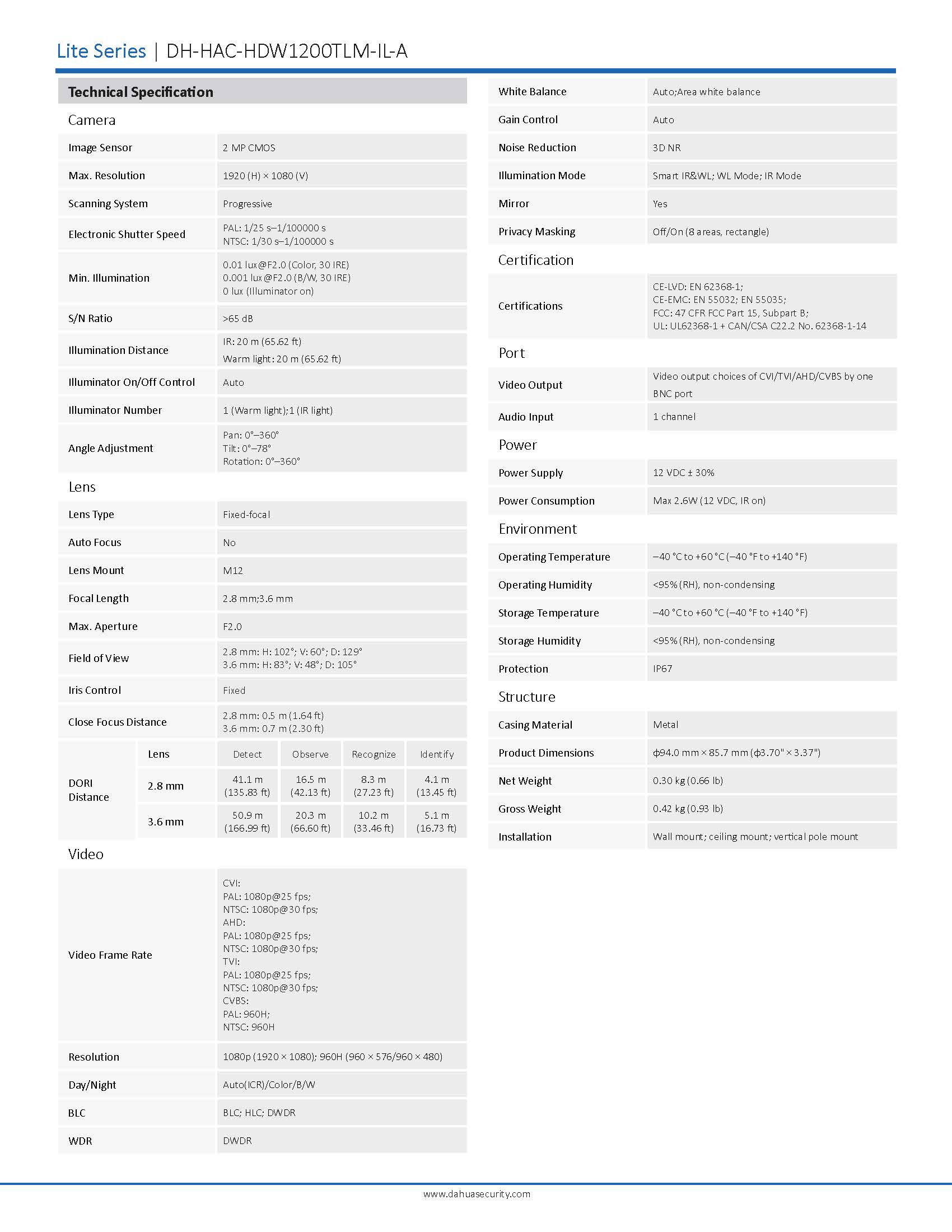 Dahua HAC-HDW1200TLM-IL-A Spec 01