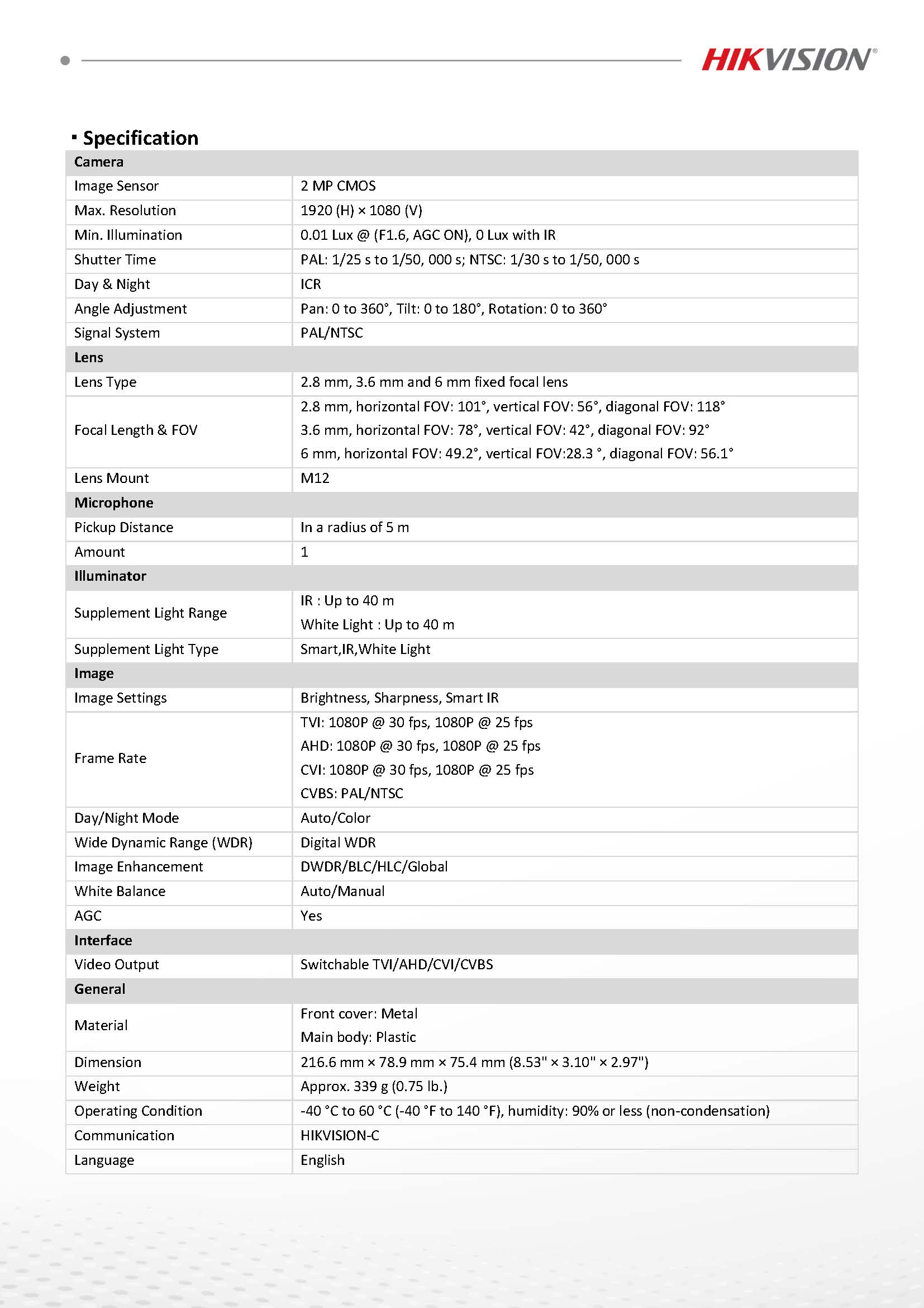 HikVision DS-2CE17D0T-LFS Spec 01