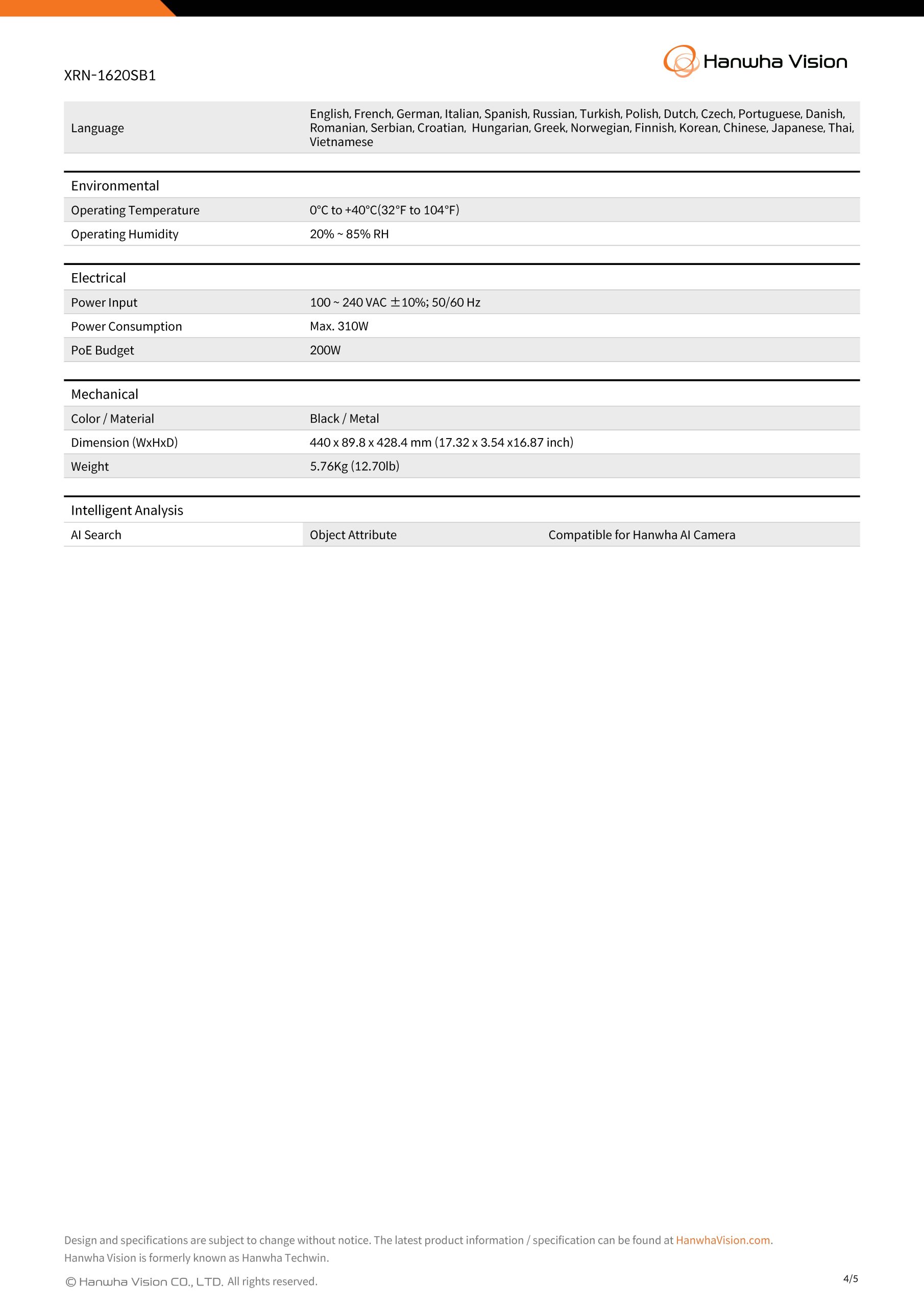 Wisenet XRN-1620SB1 Spec 03