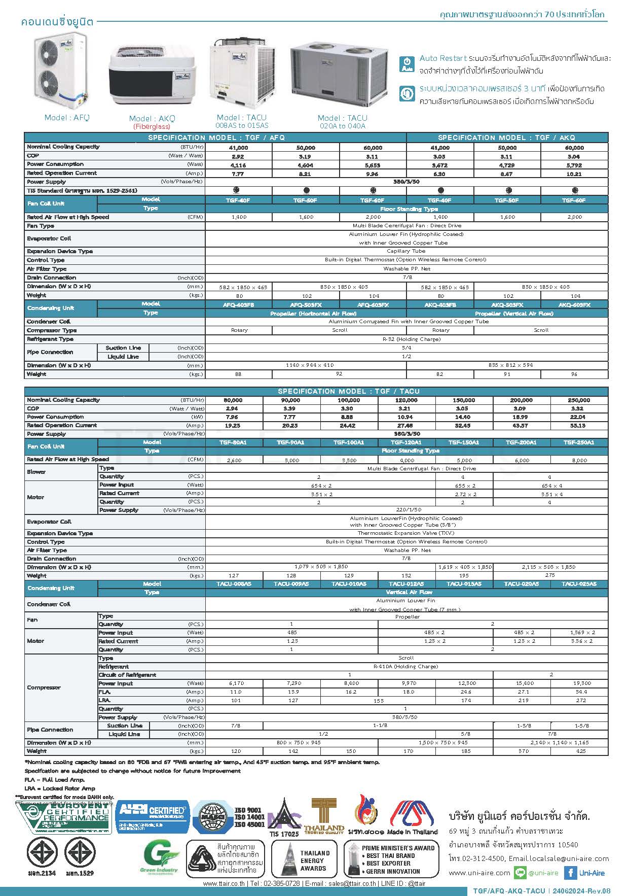 UNI Aire TGF / AFQ-AKQ-TACU Series Spec