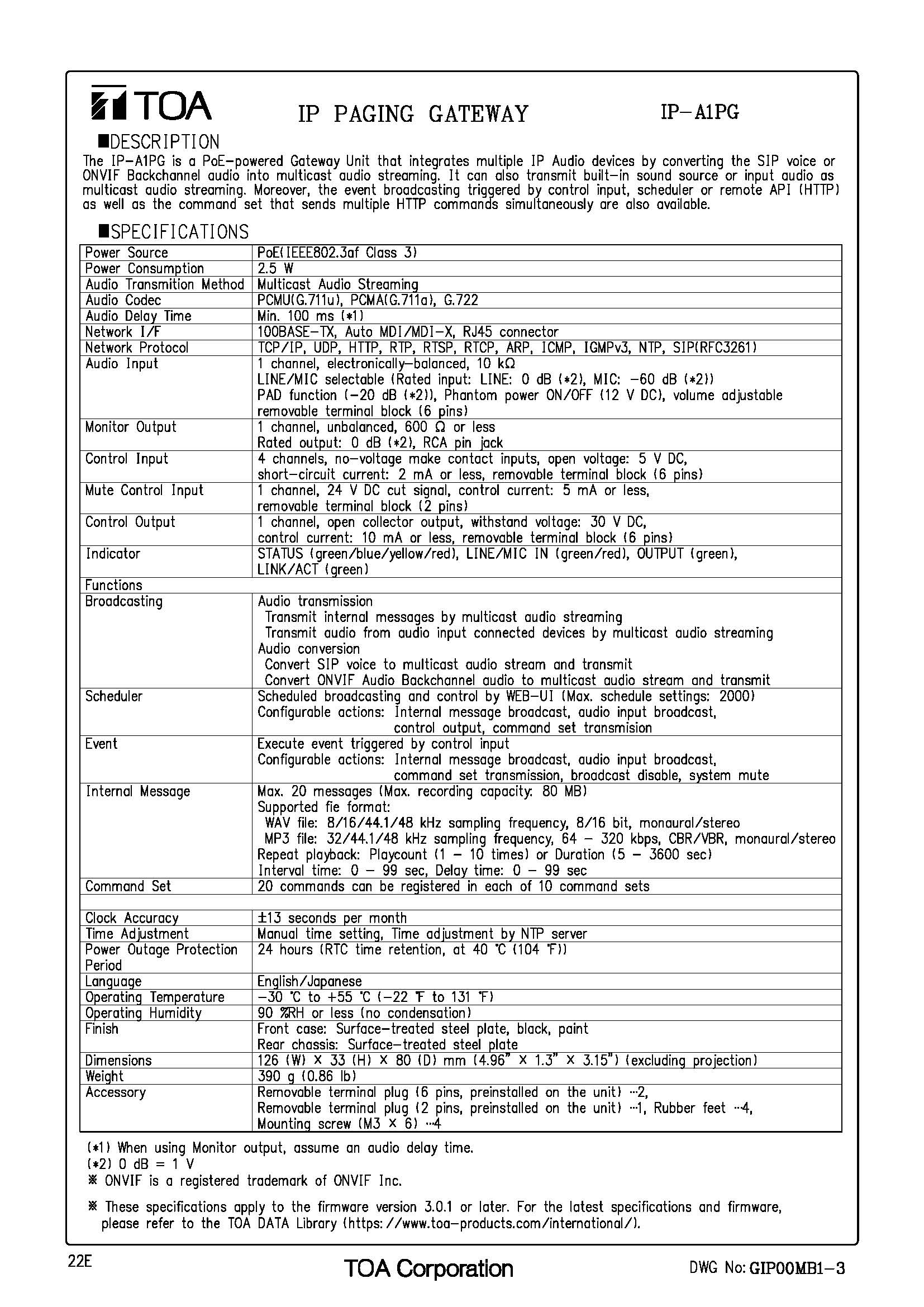 TOA IP-A1AF Spec 01