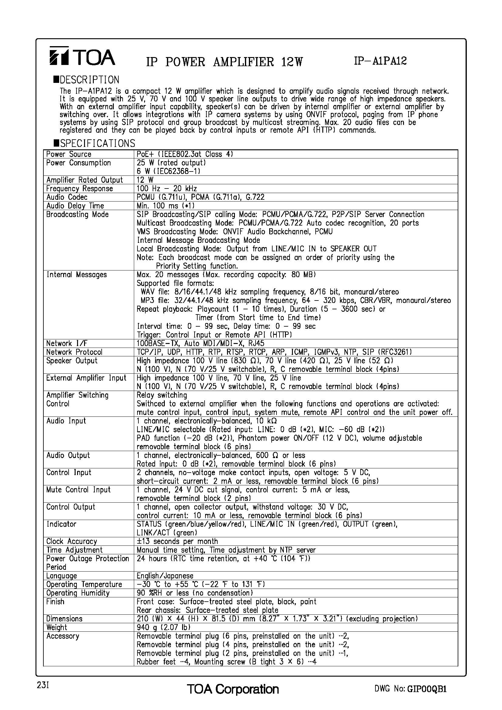 TOA IP-A1PA12 Spec 01