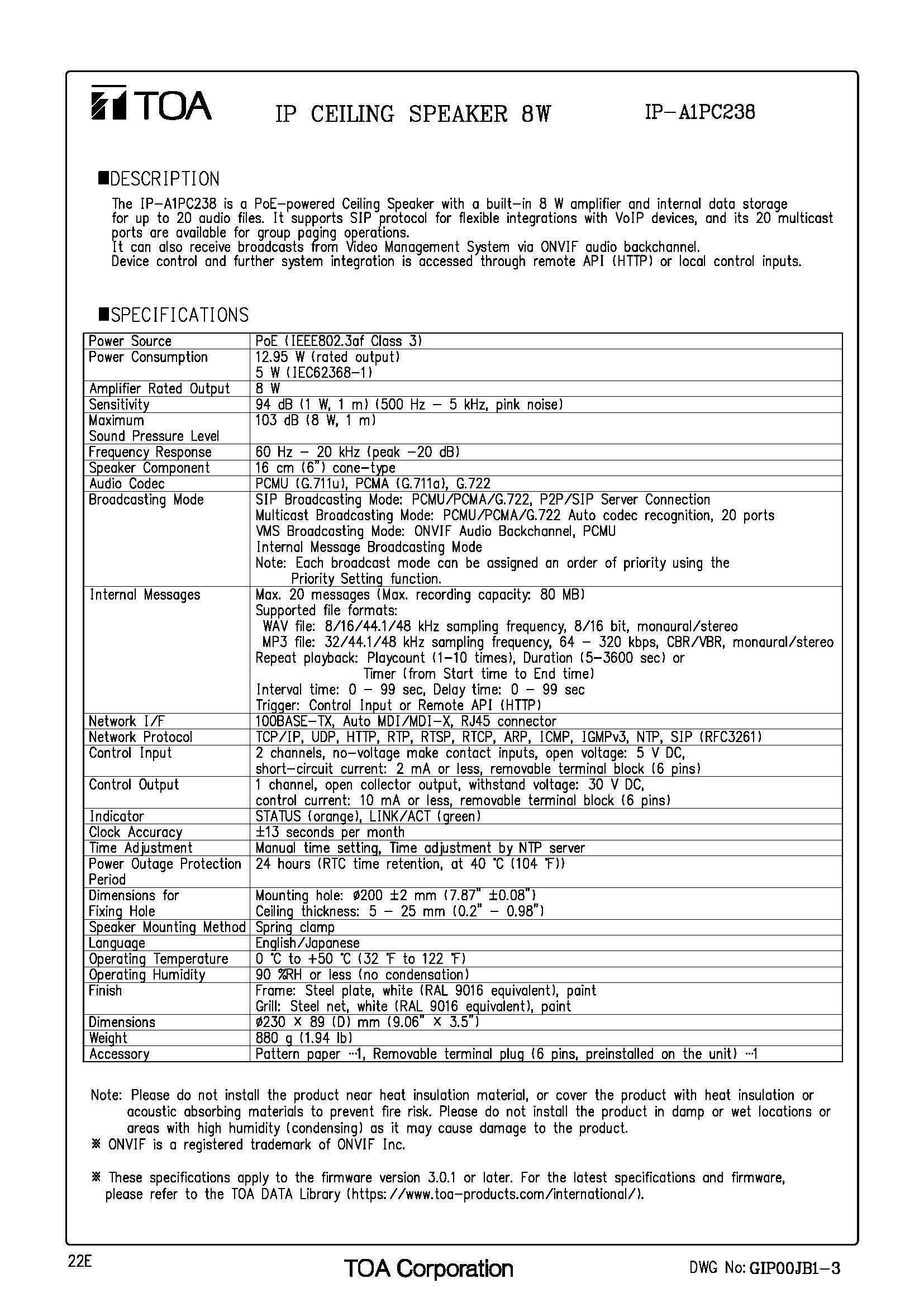 TOA IP-A1PC238 Spec 01