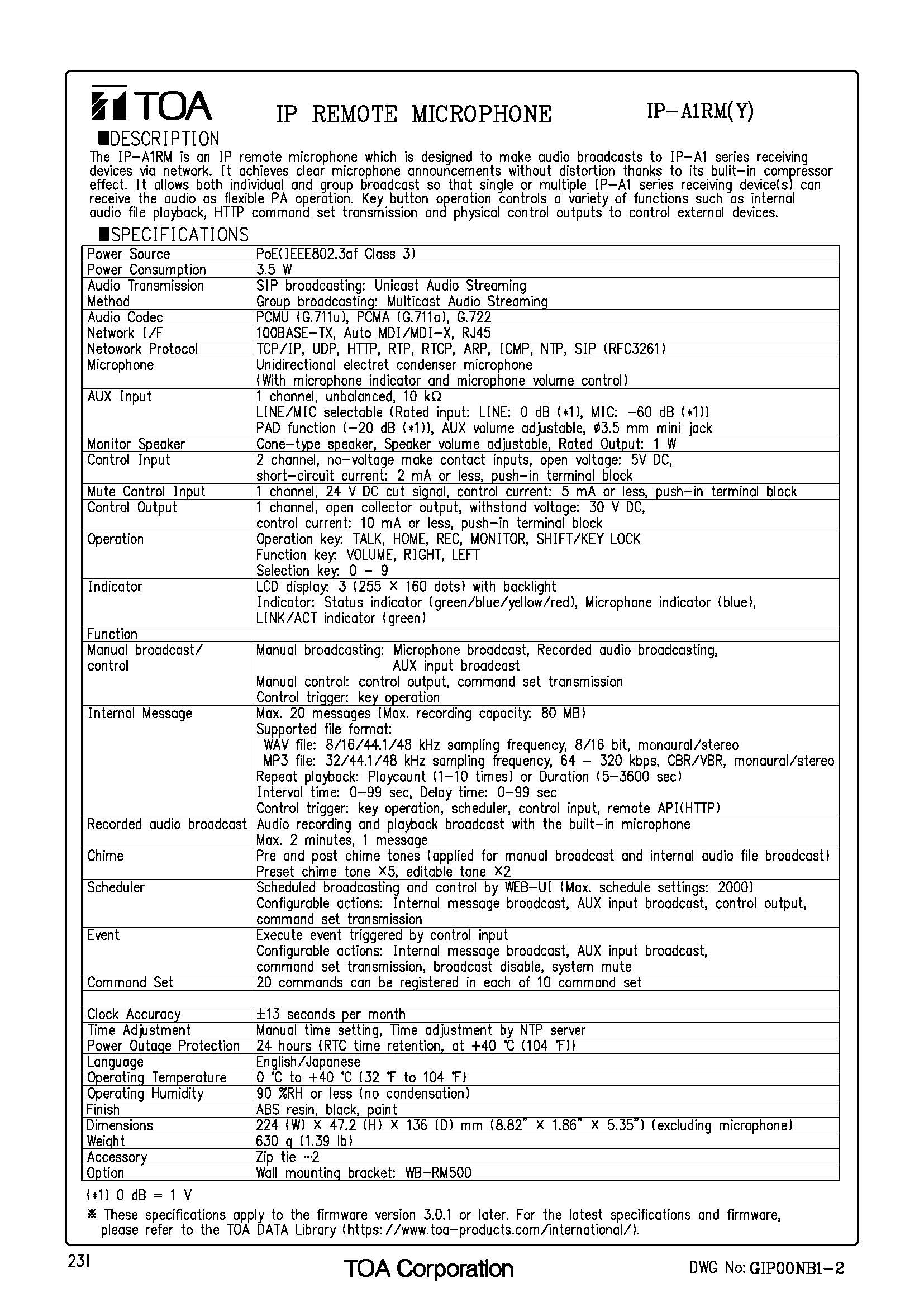 TOA IP-A1RM Spec 01