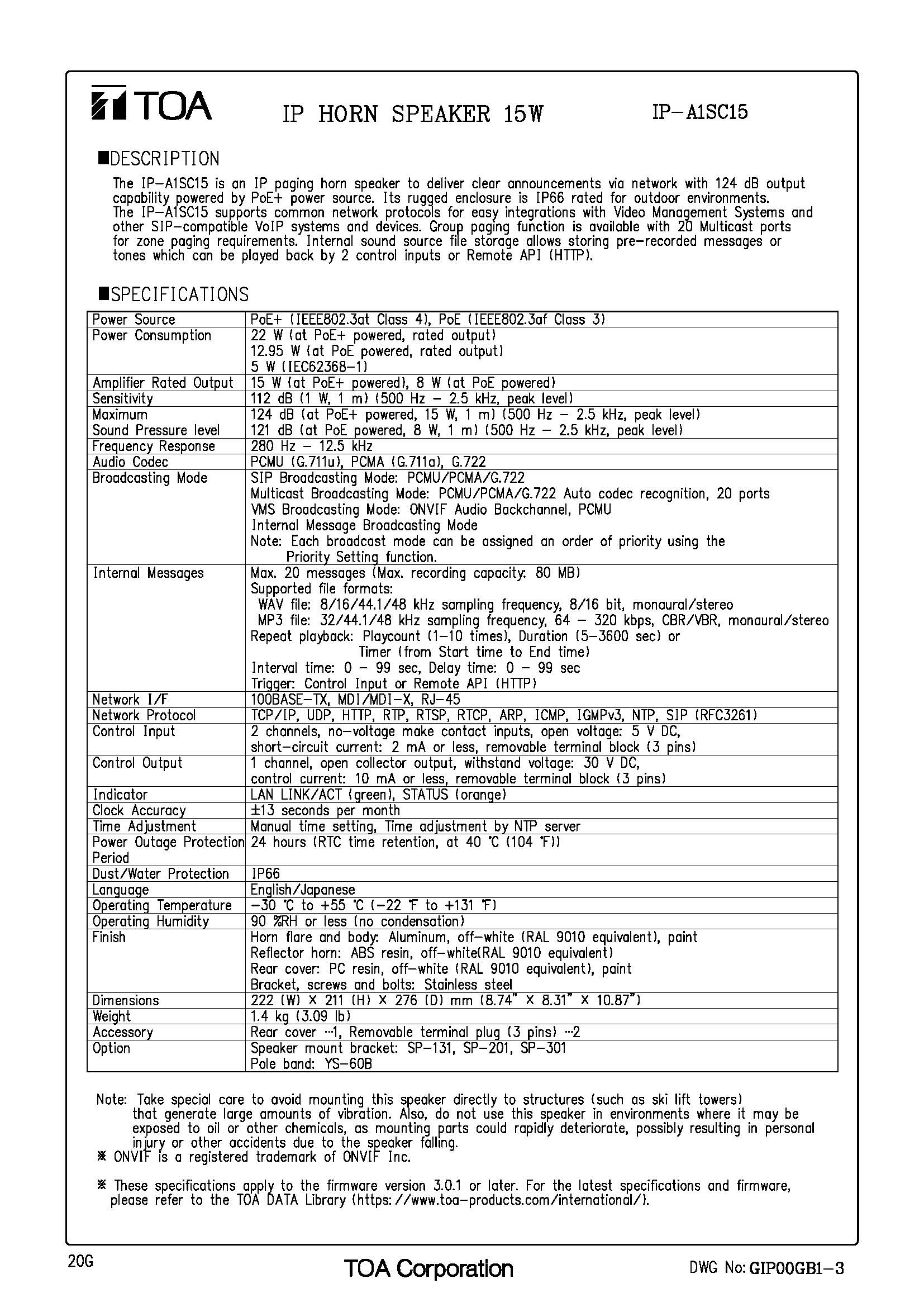 TOA IP-A1SC15 Spec 01