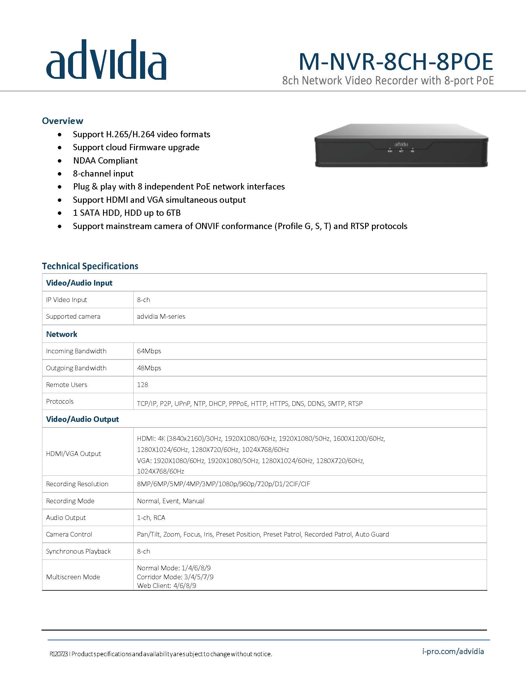 Advidia I M-NVR-8CH-8POE Spec 01