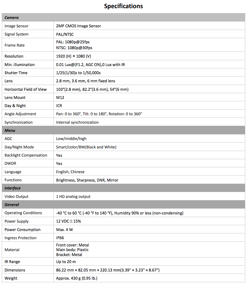 Hikvision DS-2CE16D0T-IT1-Spec