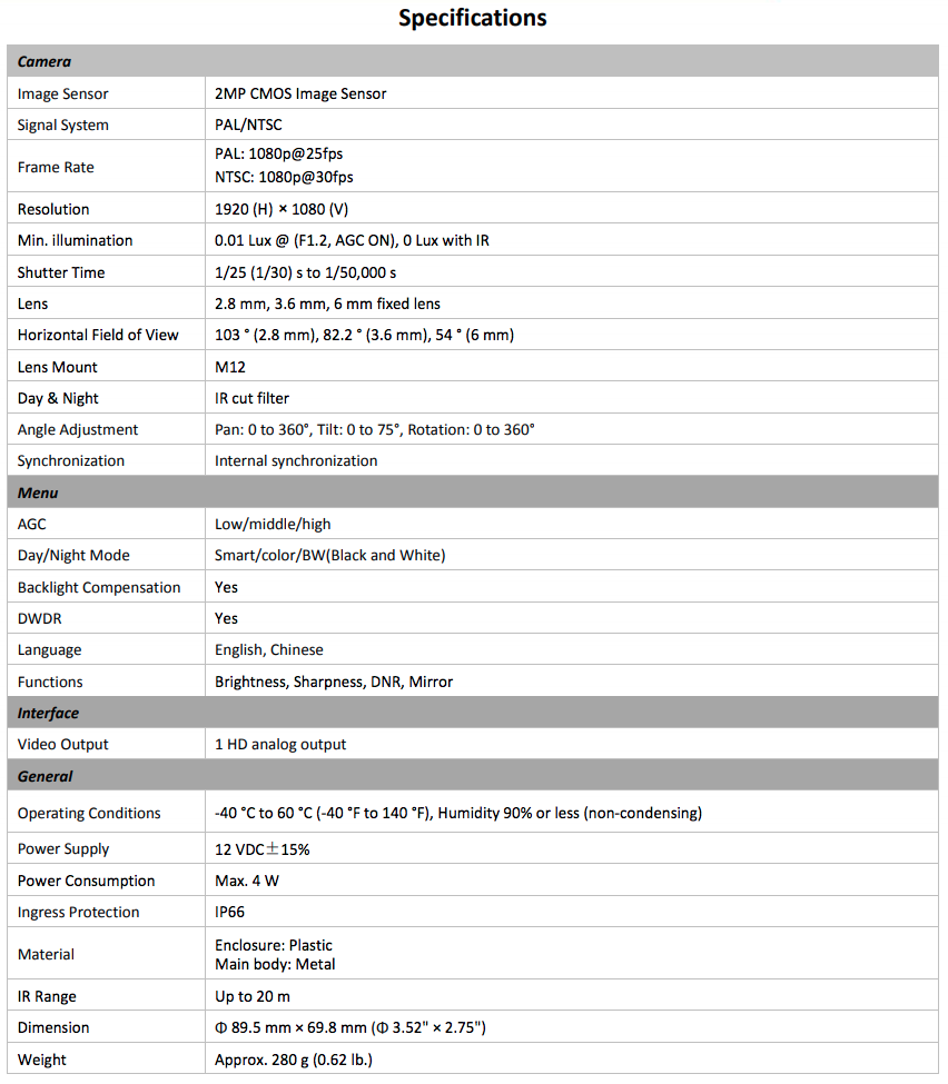 HikVision DS-2CE56D0T-IR-Spec