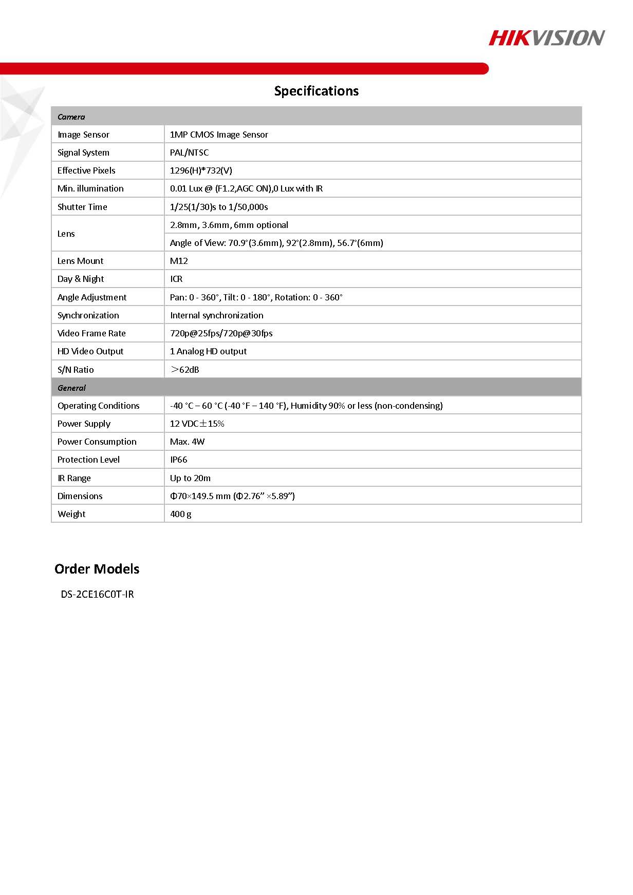HIKVISION DS-2CE16C0T-IR Spec