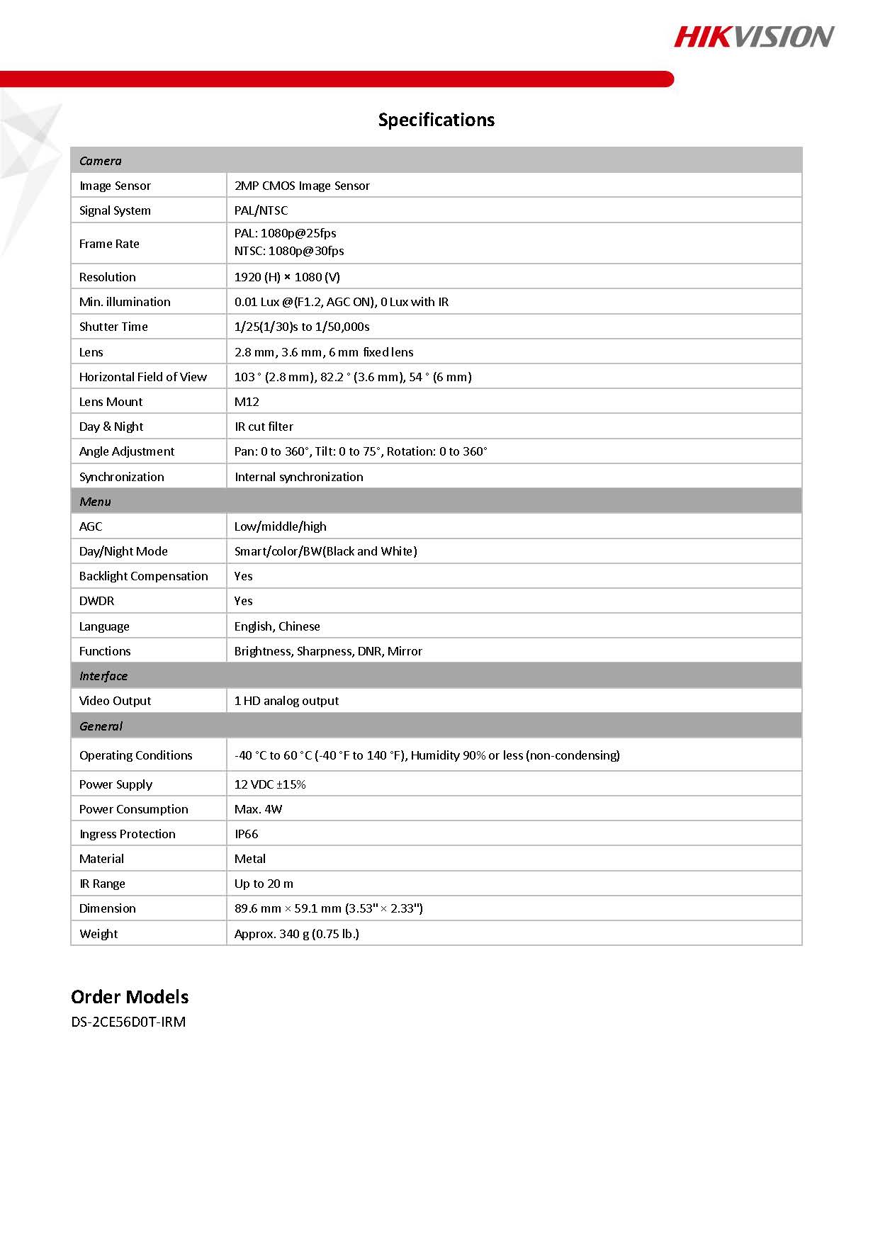 HIKVISION DS-2CE56D0T-IRM Spec