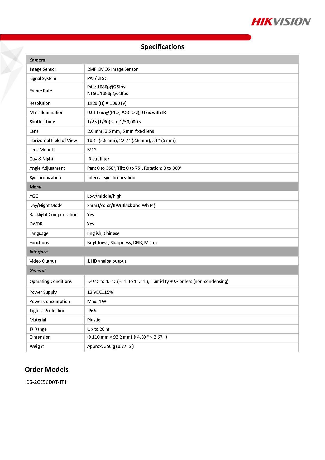 HIKVISION DS-2CE56D0T-IT1 Spec
