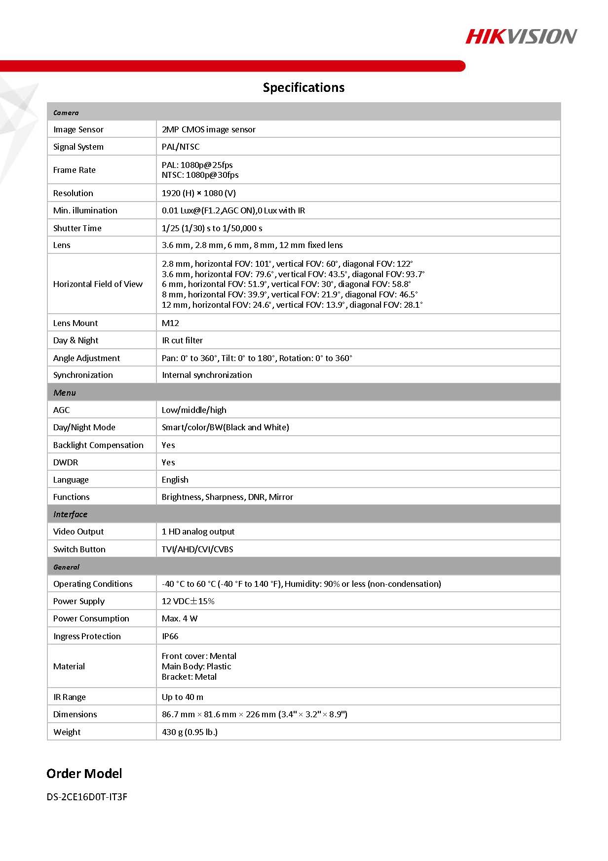 HIKVISION DS-2CE16D0T-IT3F Spec