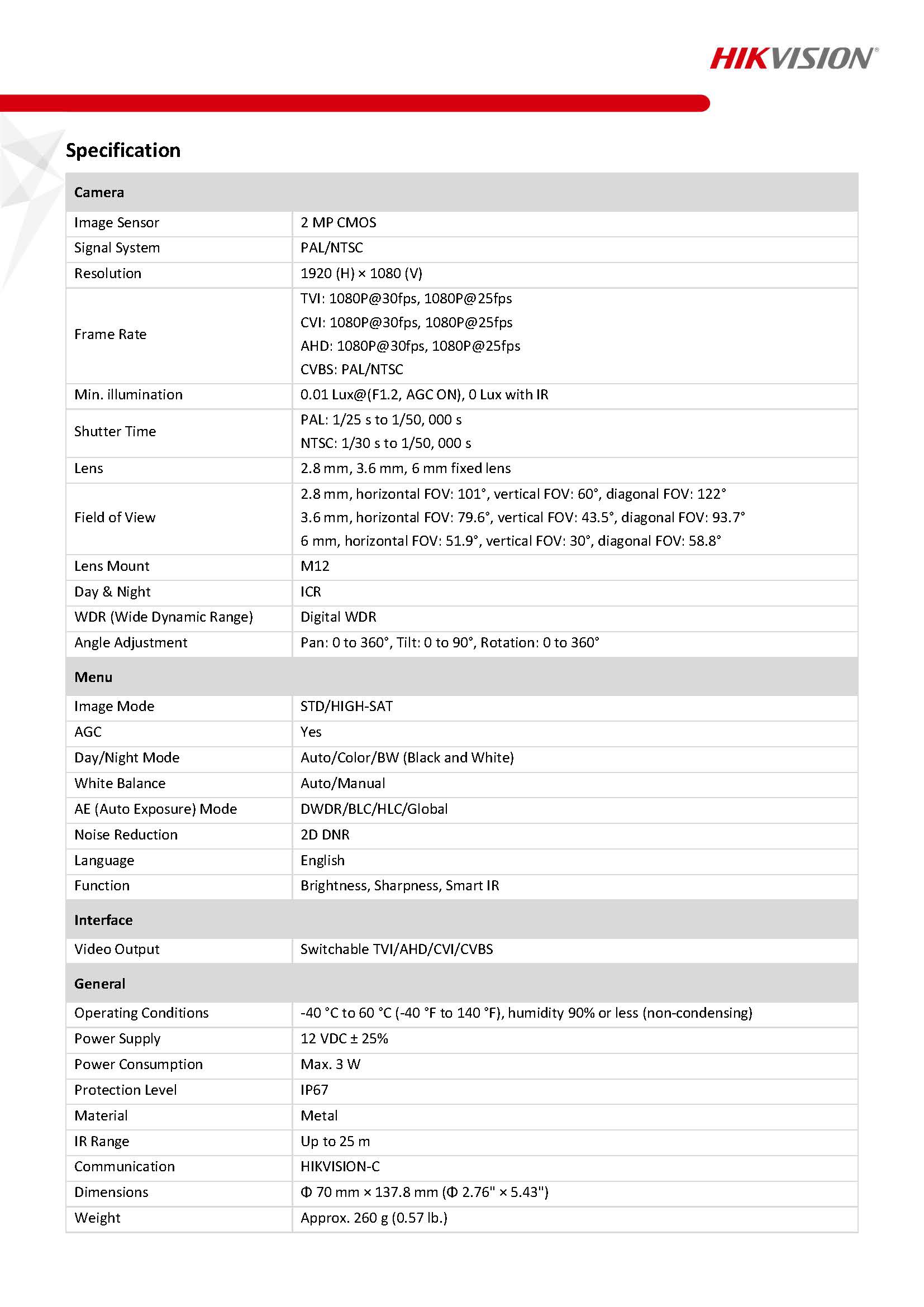 HIKVISION DS-2CE16D0T-IRF Spec
