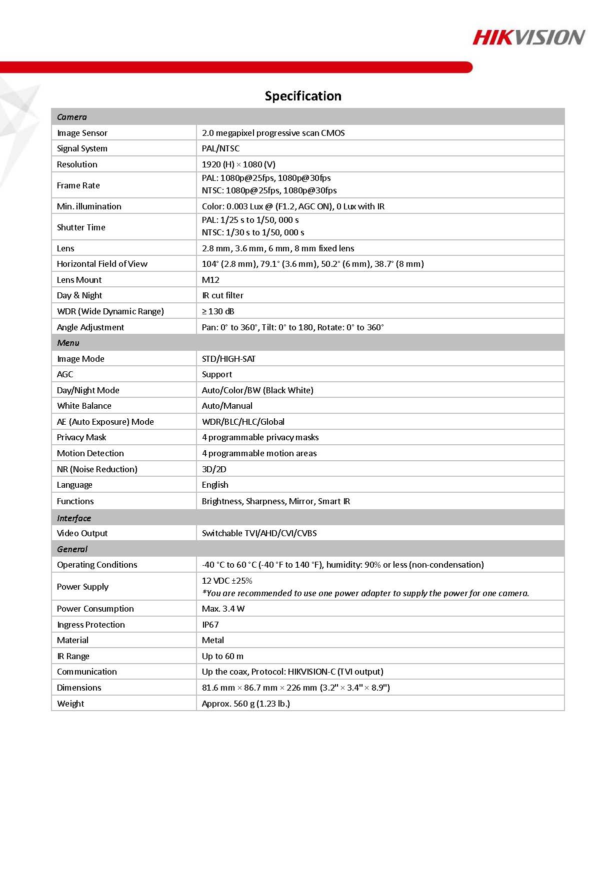 HIKVISION DS-2CE16D8T-IT3F Spec