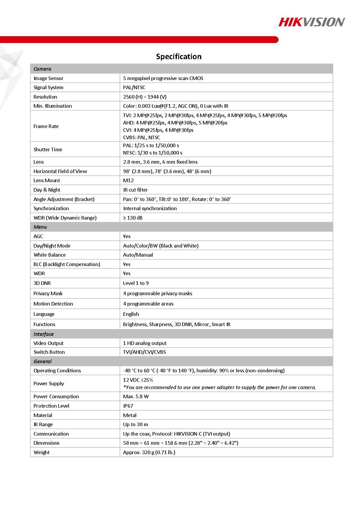 HIKVISION DS-2CE16H8T-ITF Spec