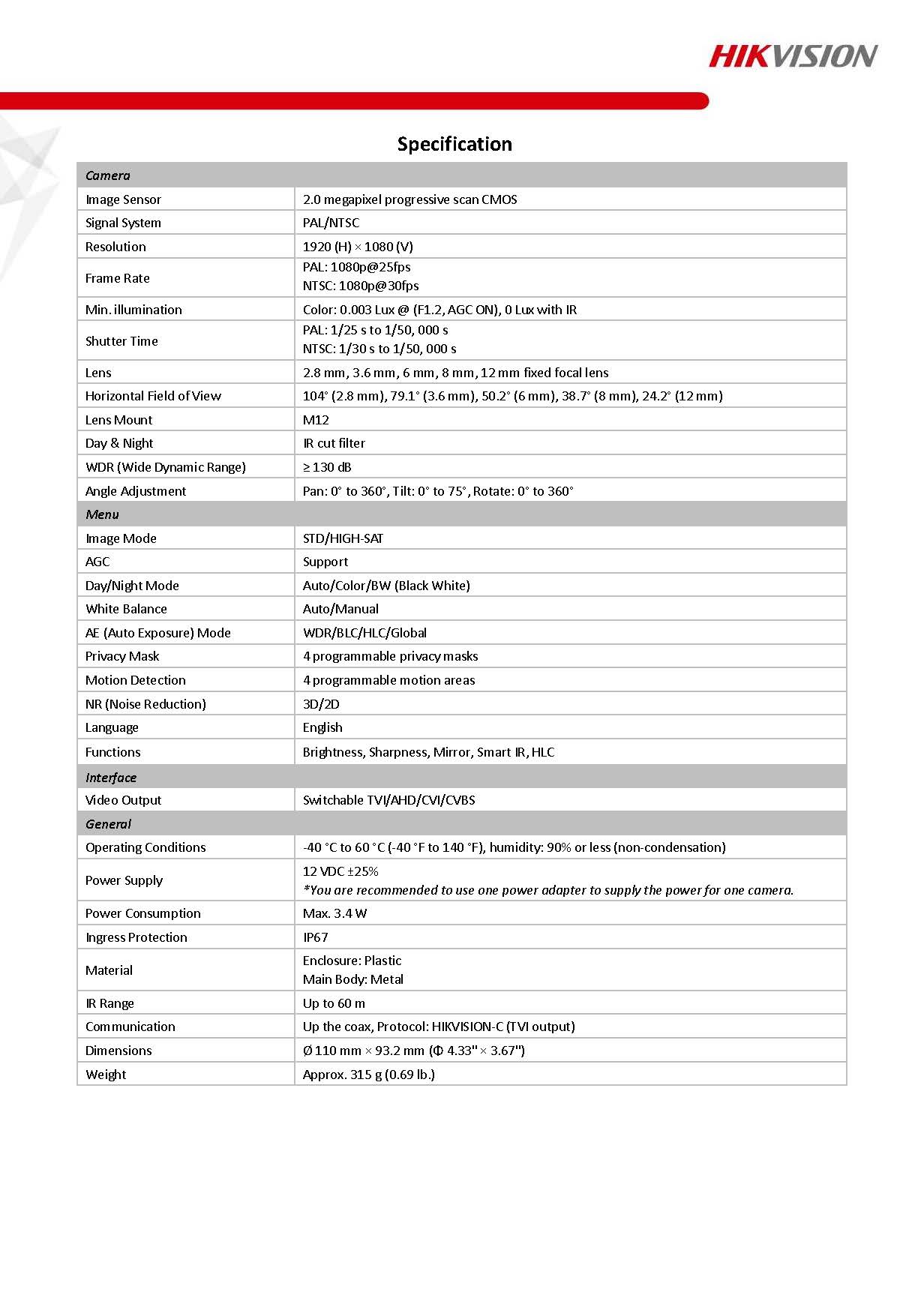 HIKVISION DS-2CE56D8T-IT3F Spec