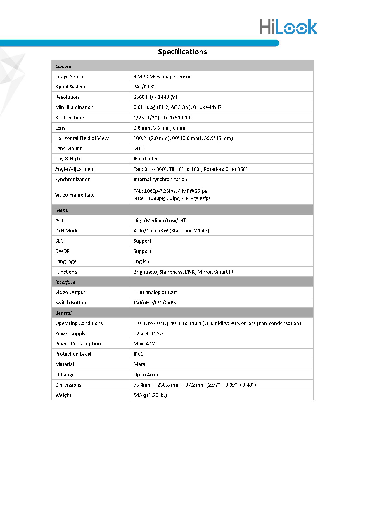 HiLook THC-B240M Spec