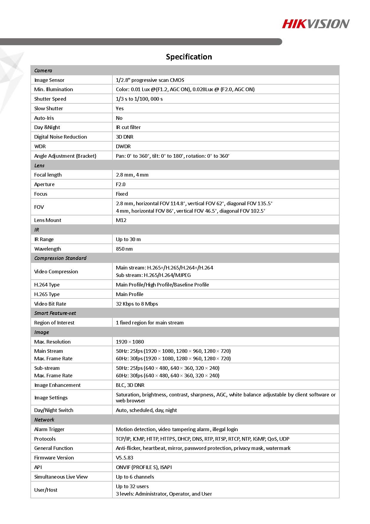 HikVision DS-2CD1023G0E-I Spec 01