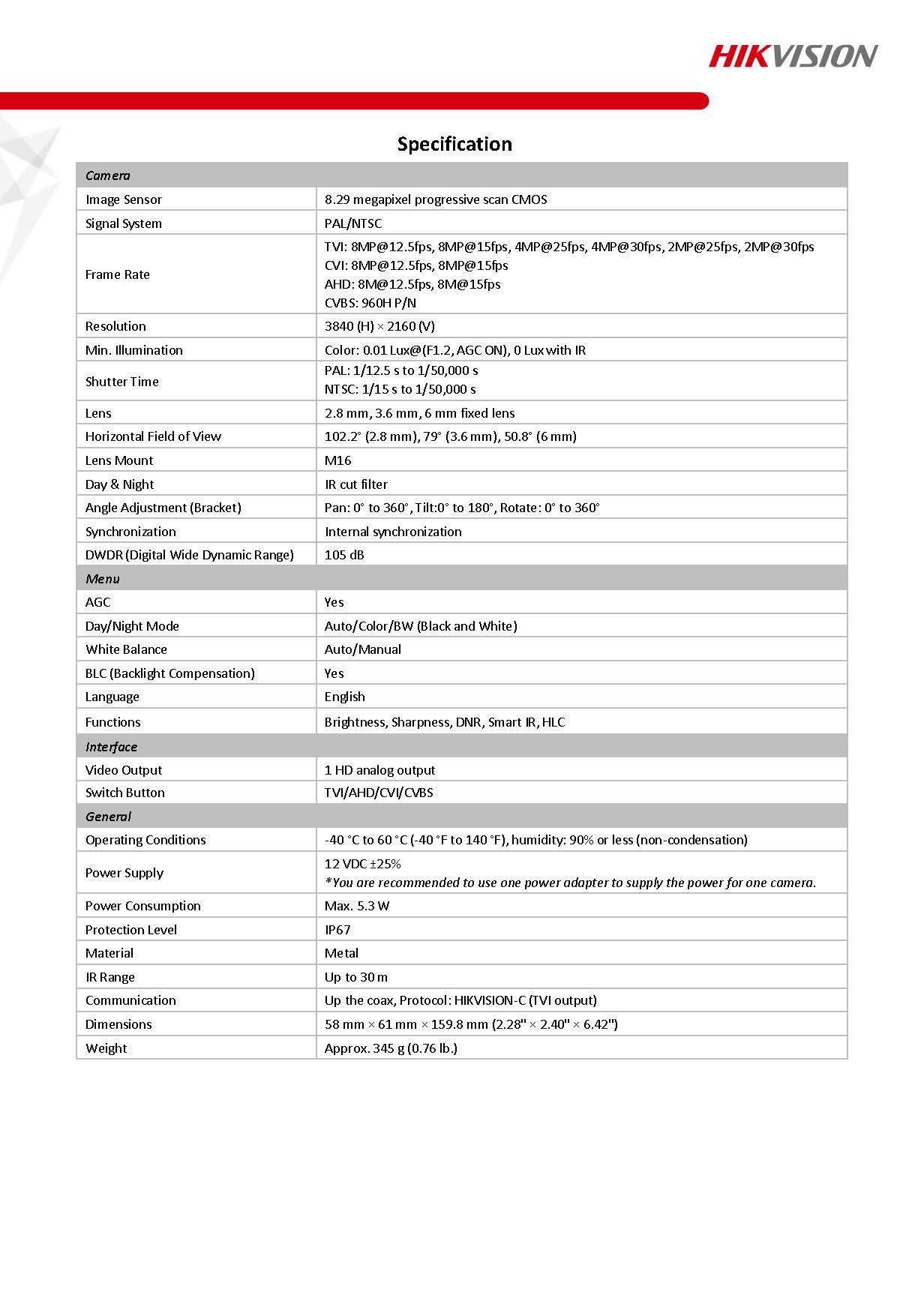 HIKVISION DS-2CE16U1T-ITF Spec