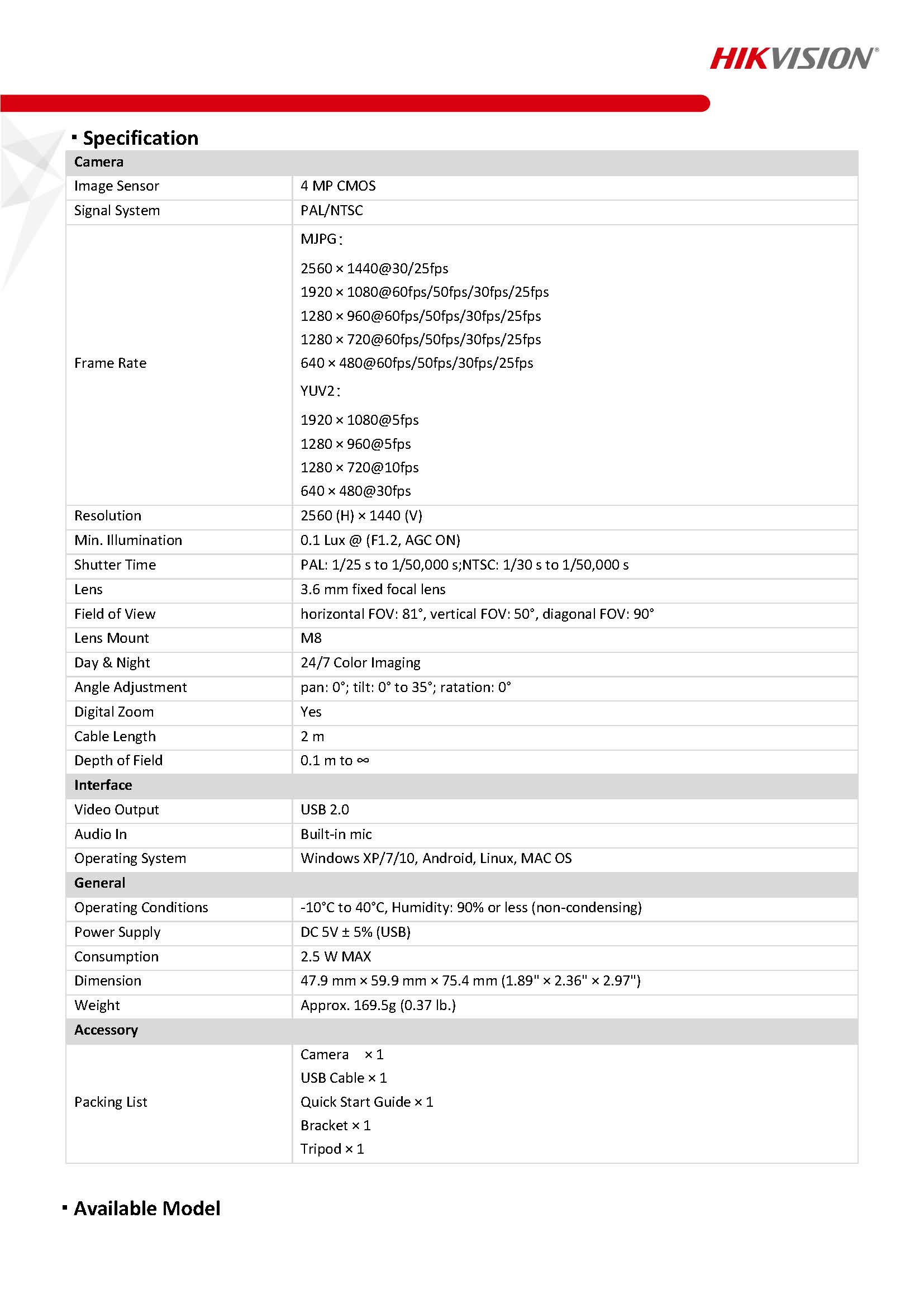 HIKVISION DS-UL4 spec