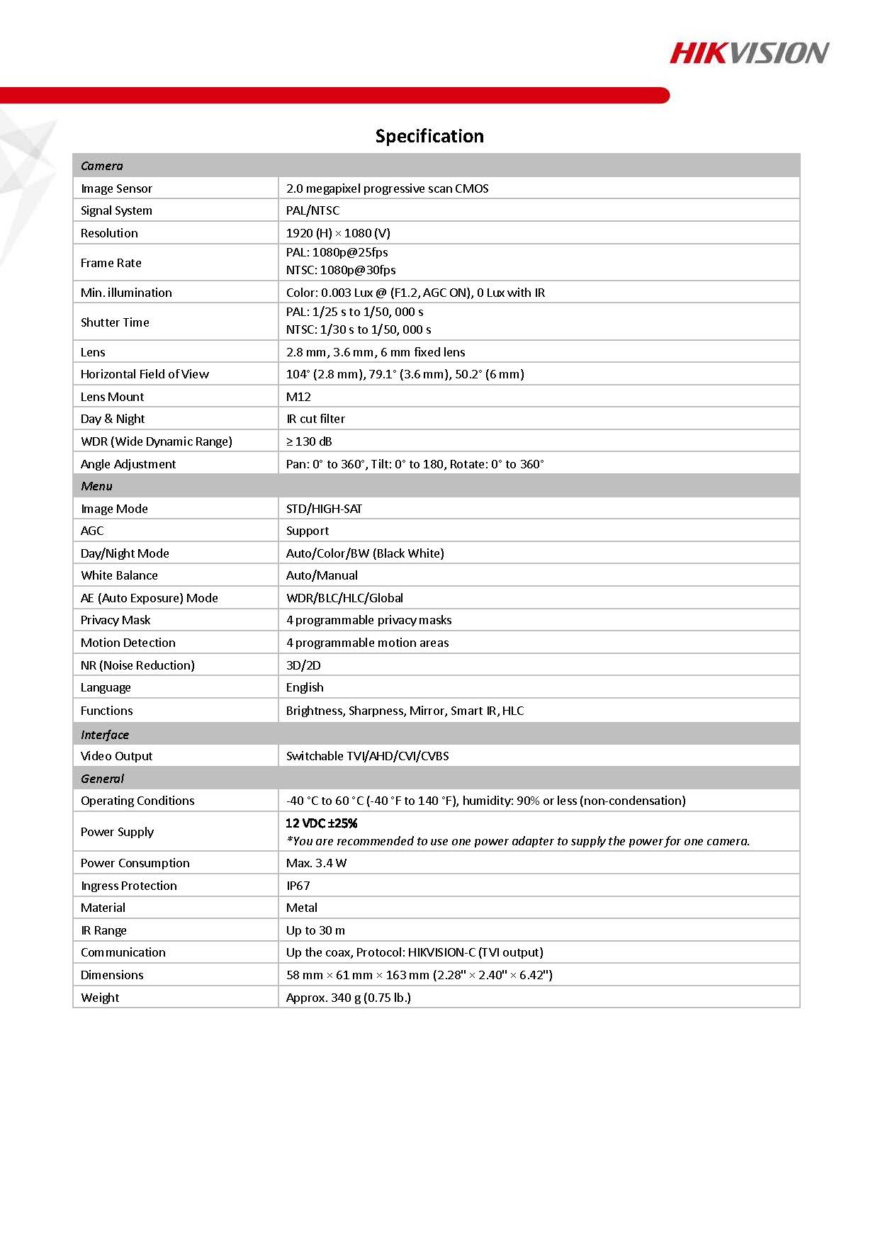 HikVision DS-2CE16D8T-ITF Spec