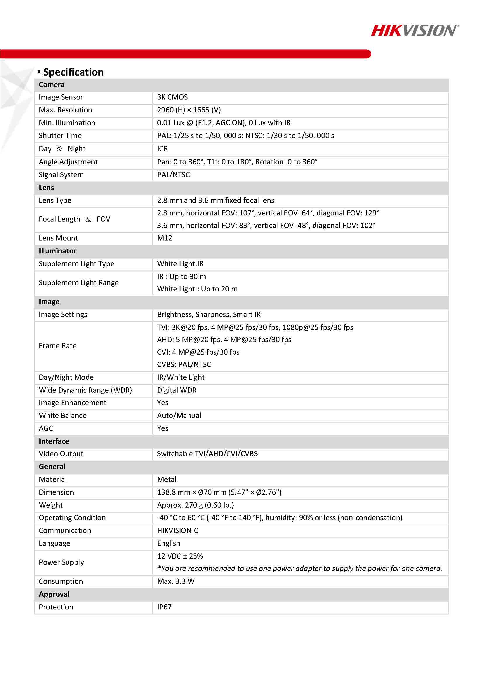 HikVision DS-2CE16K0T-LFS Spec