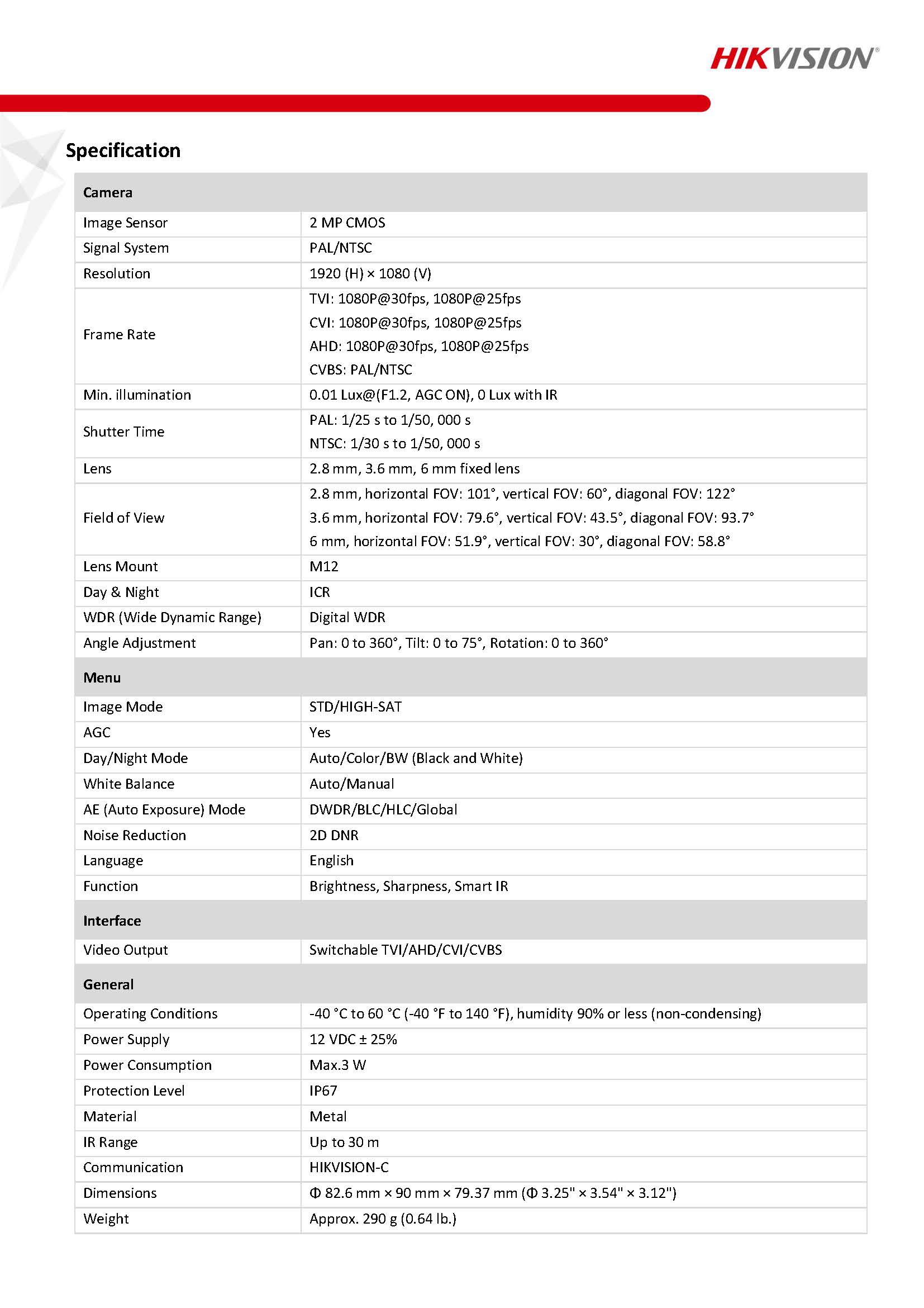 HikVision DS-2CE76D0T-ITMF Spec