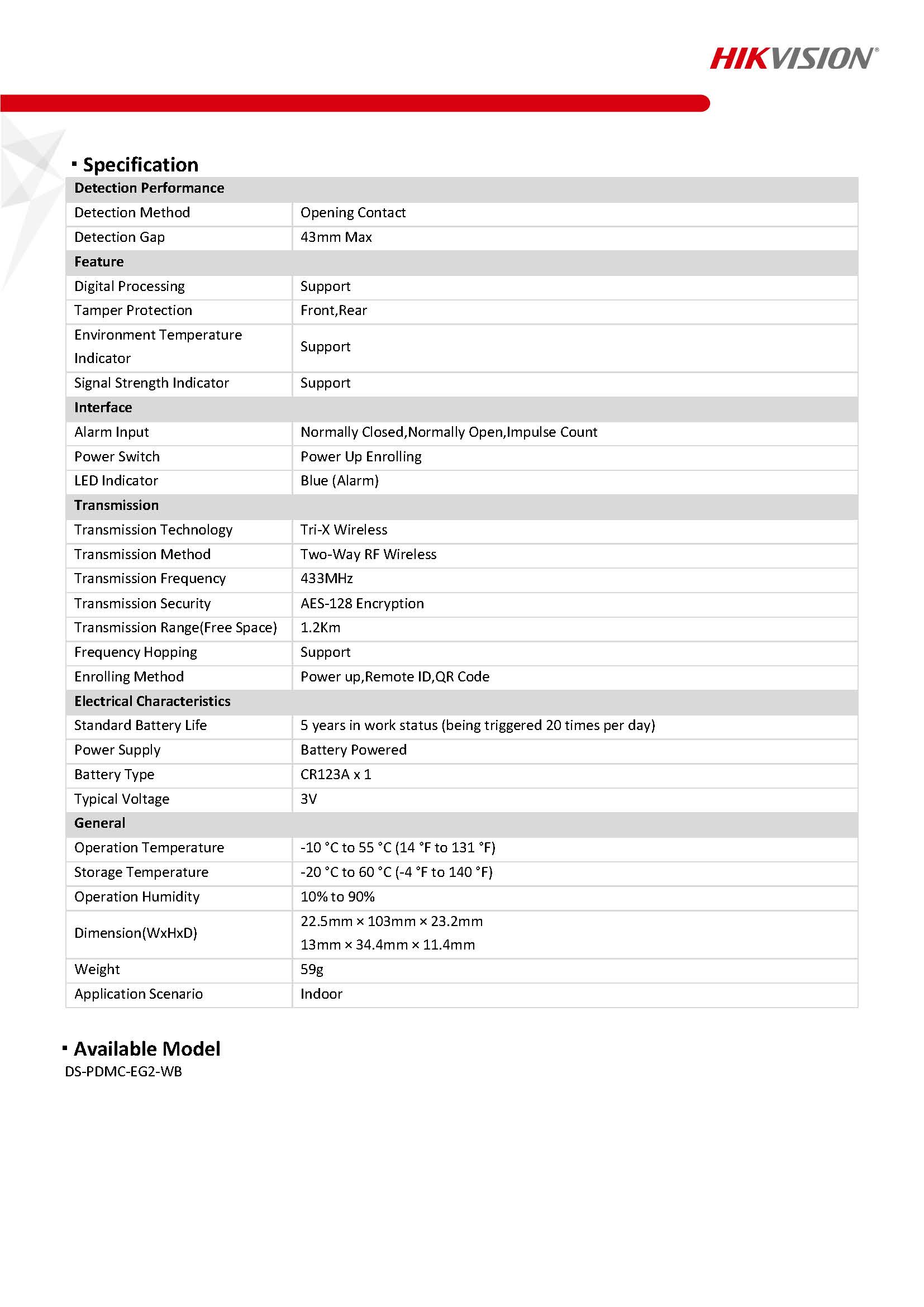 HikVision DS-PDMC-EG2-WB Spec