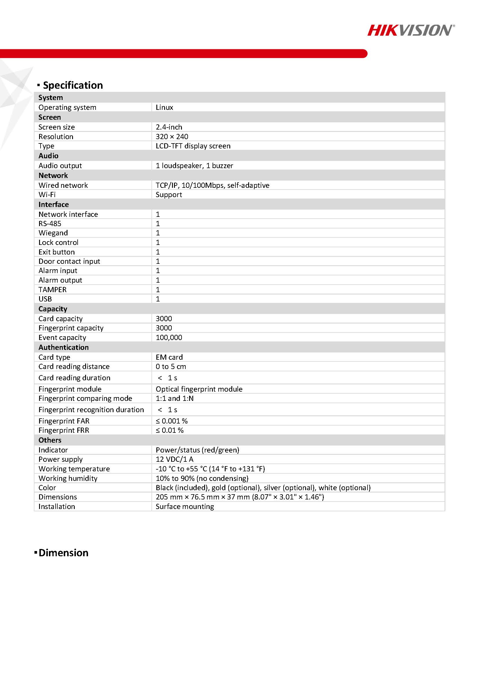 HikVision DS-K1T804AEF Spec