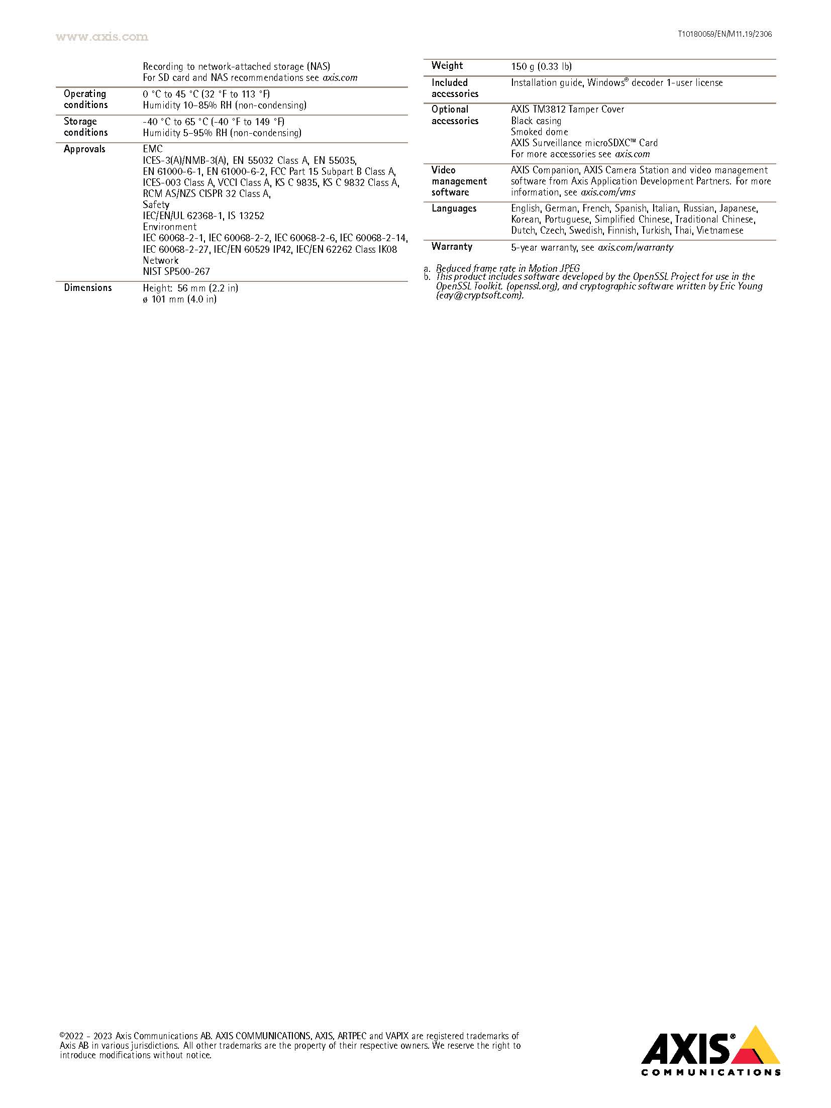 AXIS M3085-V Spec 02