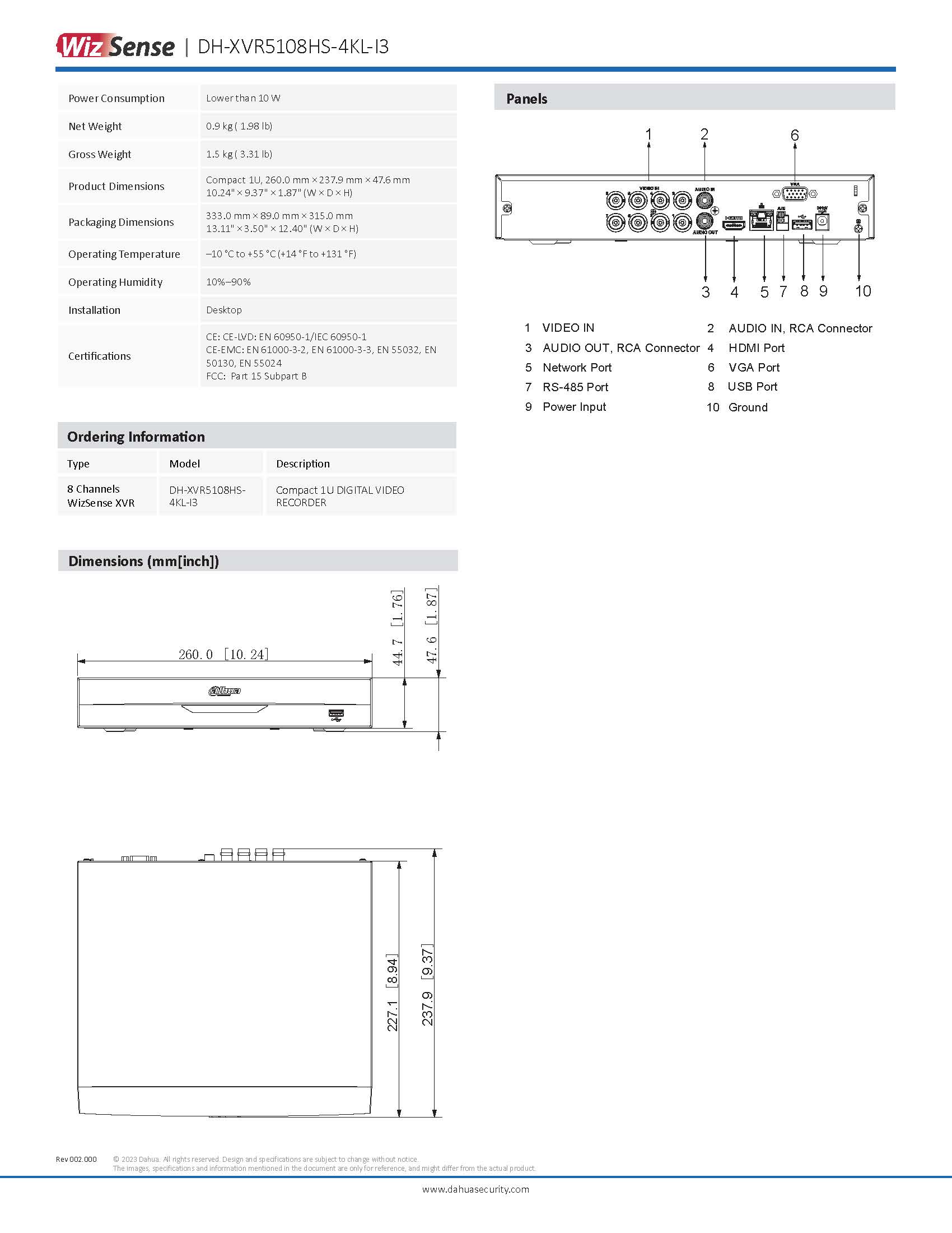 Dahua XVR5108HS-4KL-I3 Spec 02