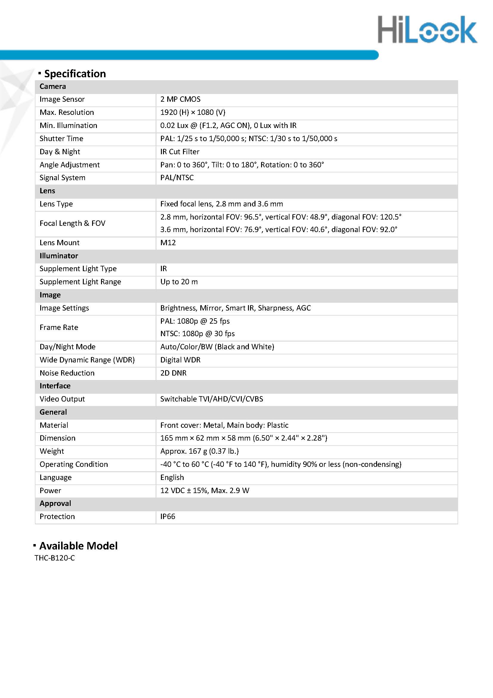HiLook THC-B120-C Spec