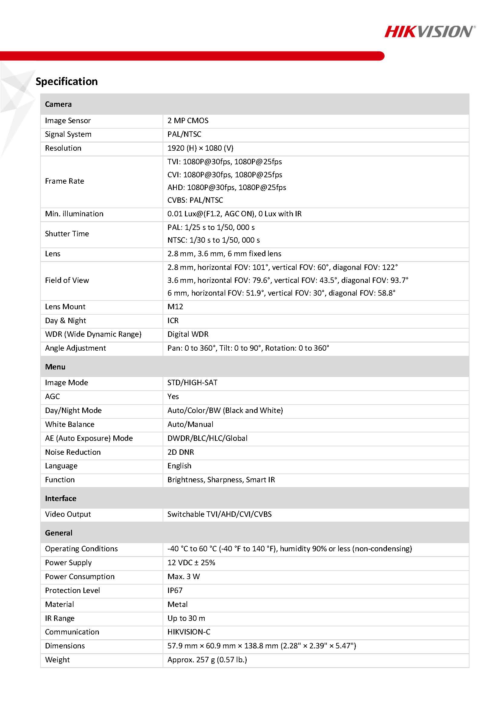 HikVision DS-2CE16D0T-ITF Spec