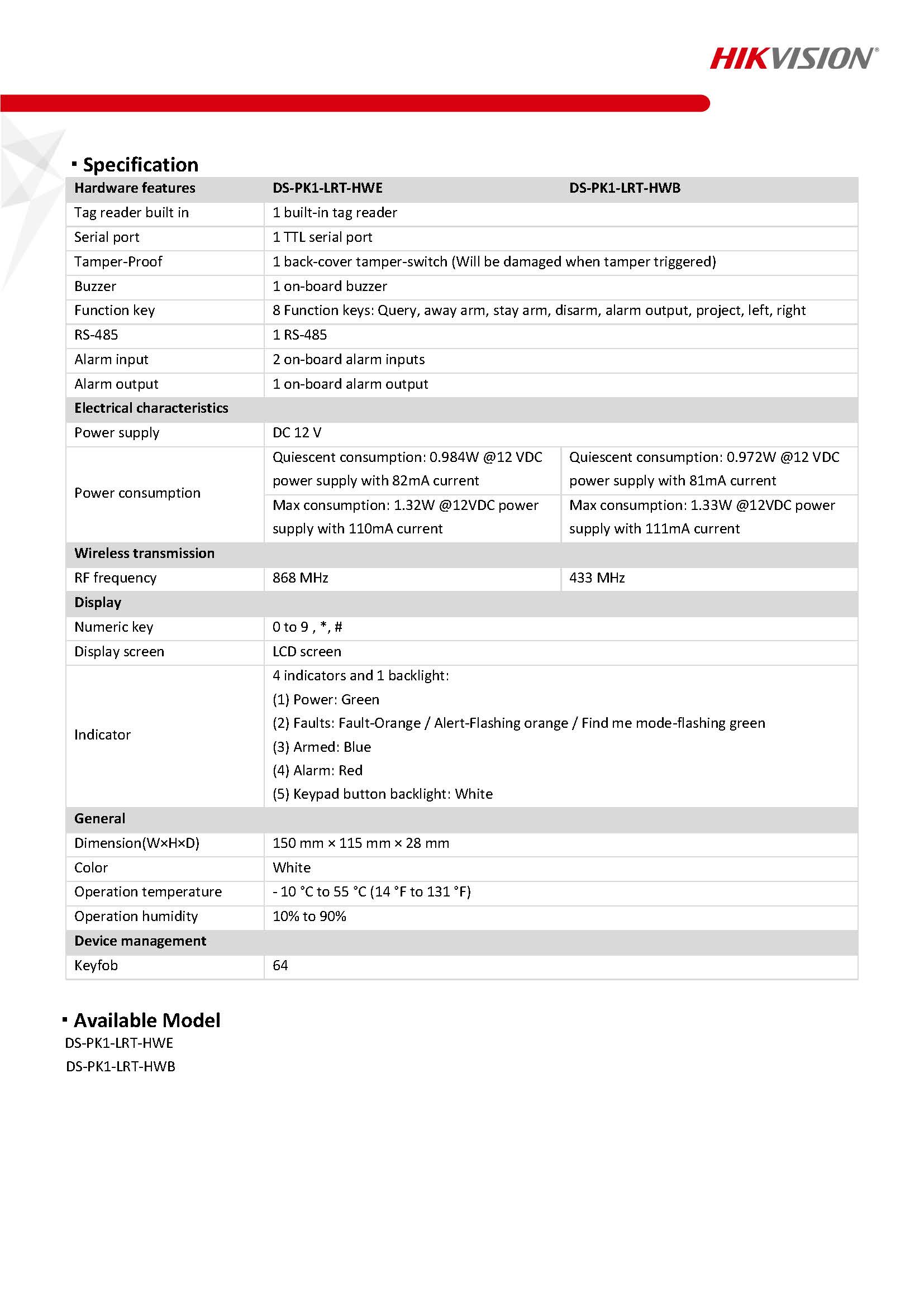 Hikvision DS-PK1-LRT-HWB Spec